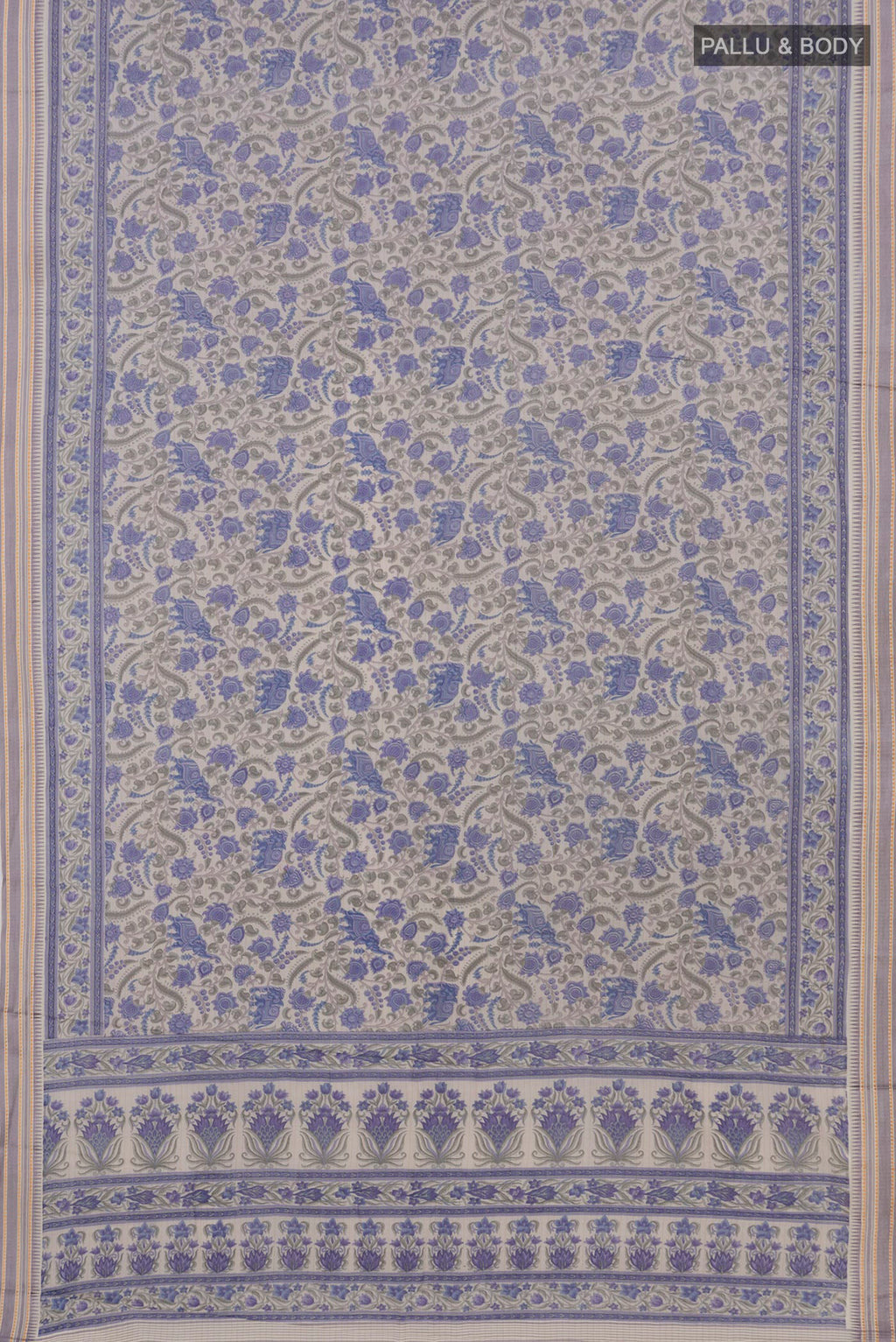 Flat view of Grey Printed Cotton Saree with Printed design on the body and Thread Border. 