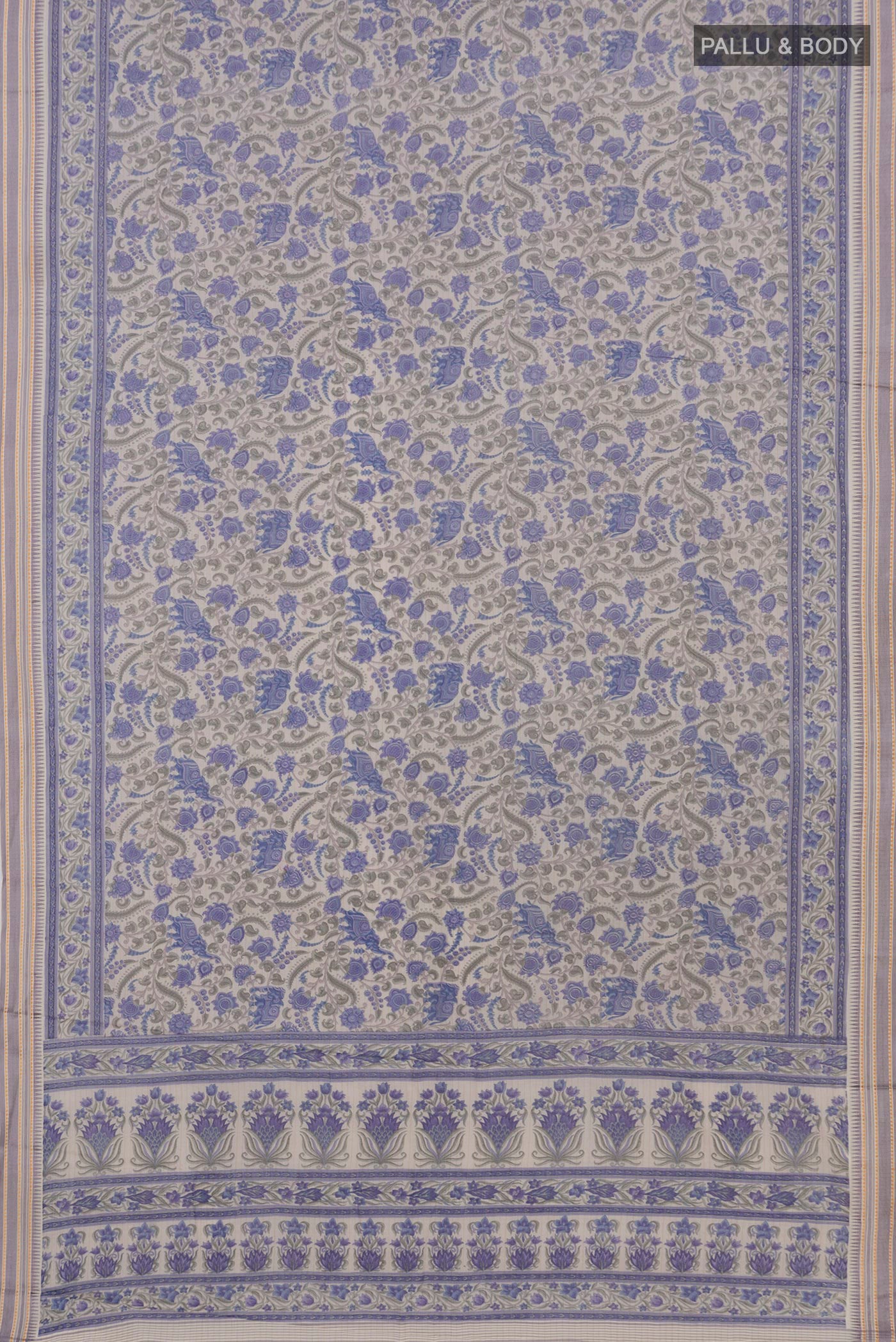 Flat view of Grey Printed Cotton Saree with Printed design on the body and Thread Border. 