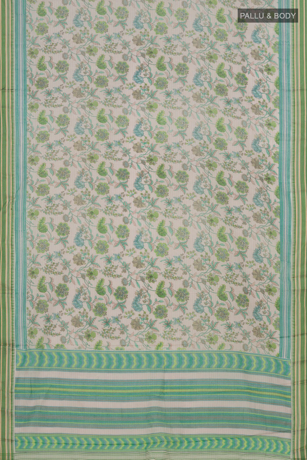 Flat view of Grey Printed Cotton Saree with Printed design on the body and Thread Border. 