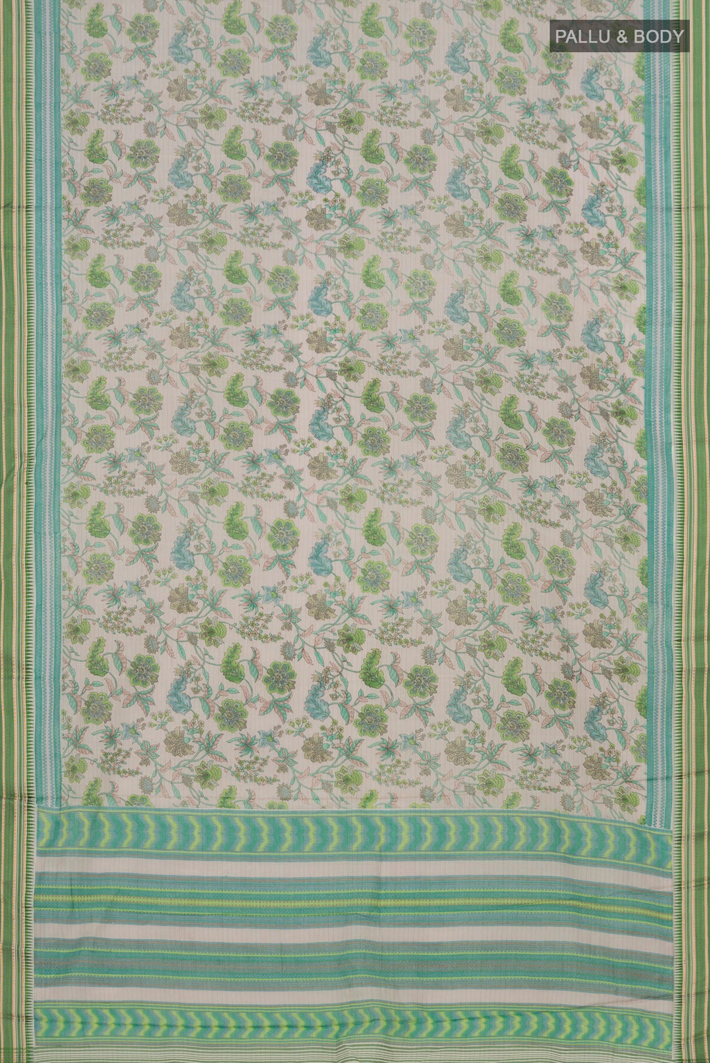 Flat view of Grey Printed Cotton Saree with Printed design on the body and Thread Border. 