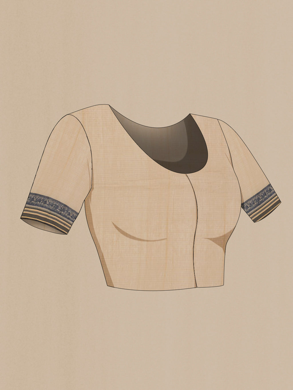 Close up image of the blouse of Beige Tussar Saree with Floral Print on the body and Thread Border. 
