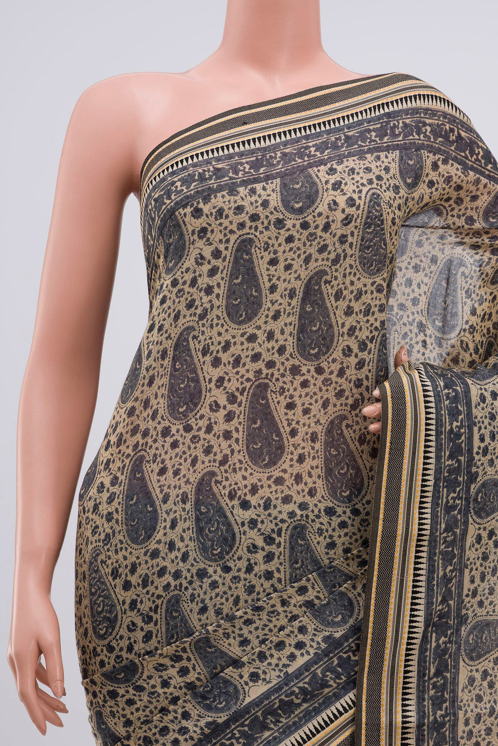 Border image of Beige Tussar Saree with Floral Print on the body and Thread Border. 