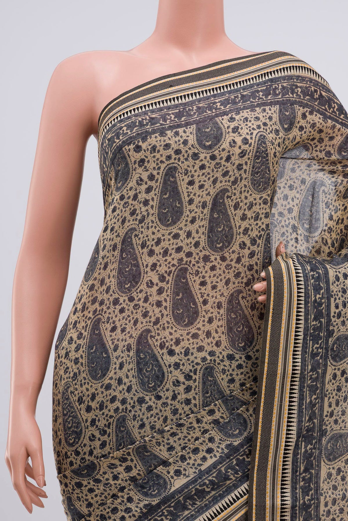 Border image of Beige Tussar Saree with Floral Print on the body and Thread Border. 