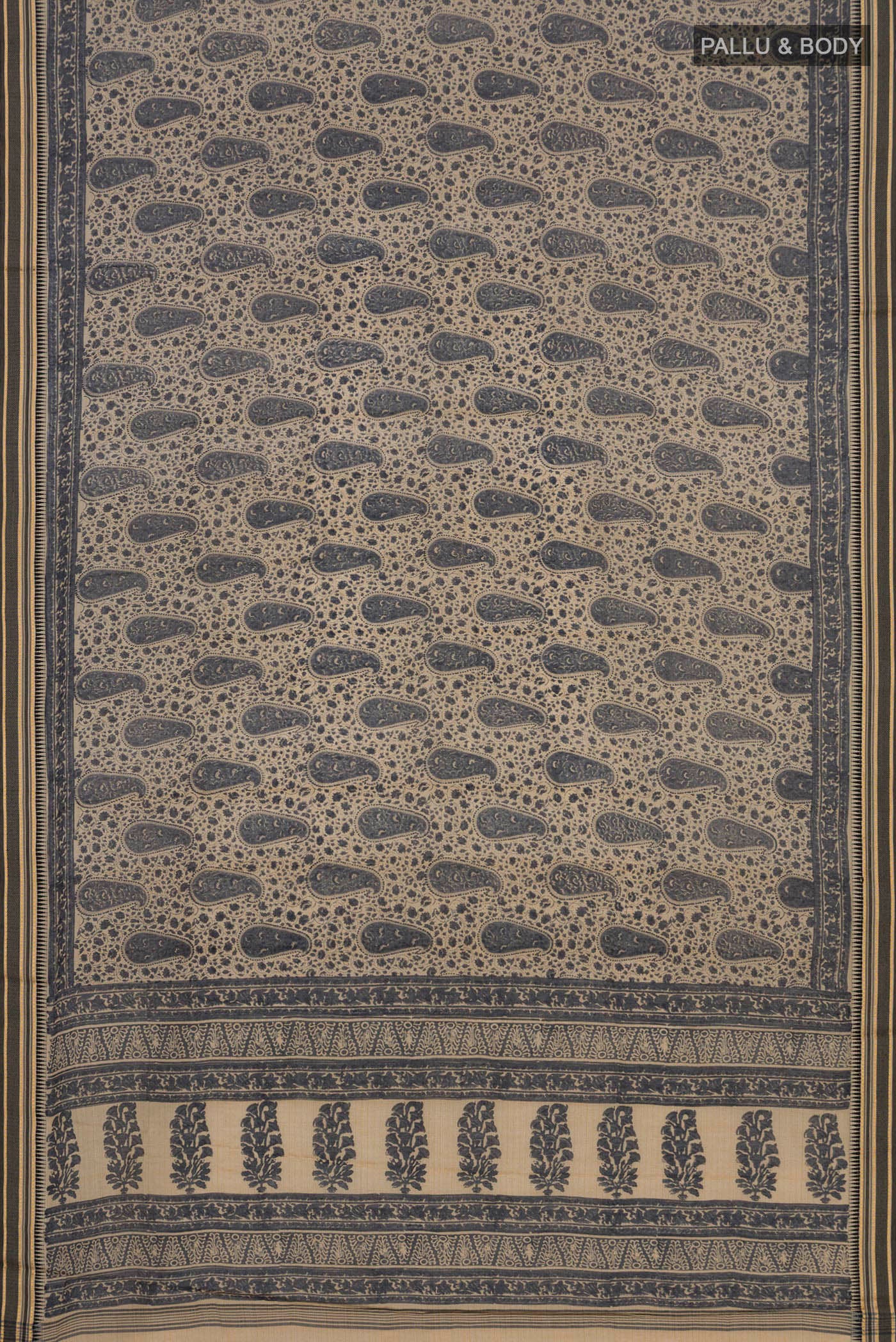 Flat view of Beige Tussar Saree with Floral Print on the body and Thread Border. 