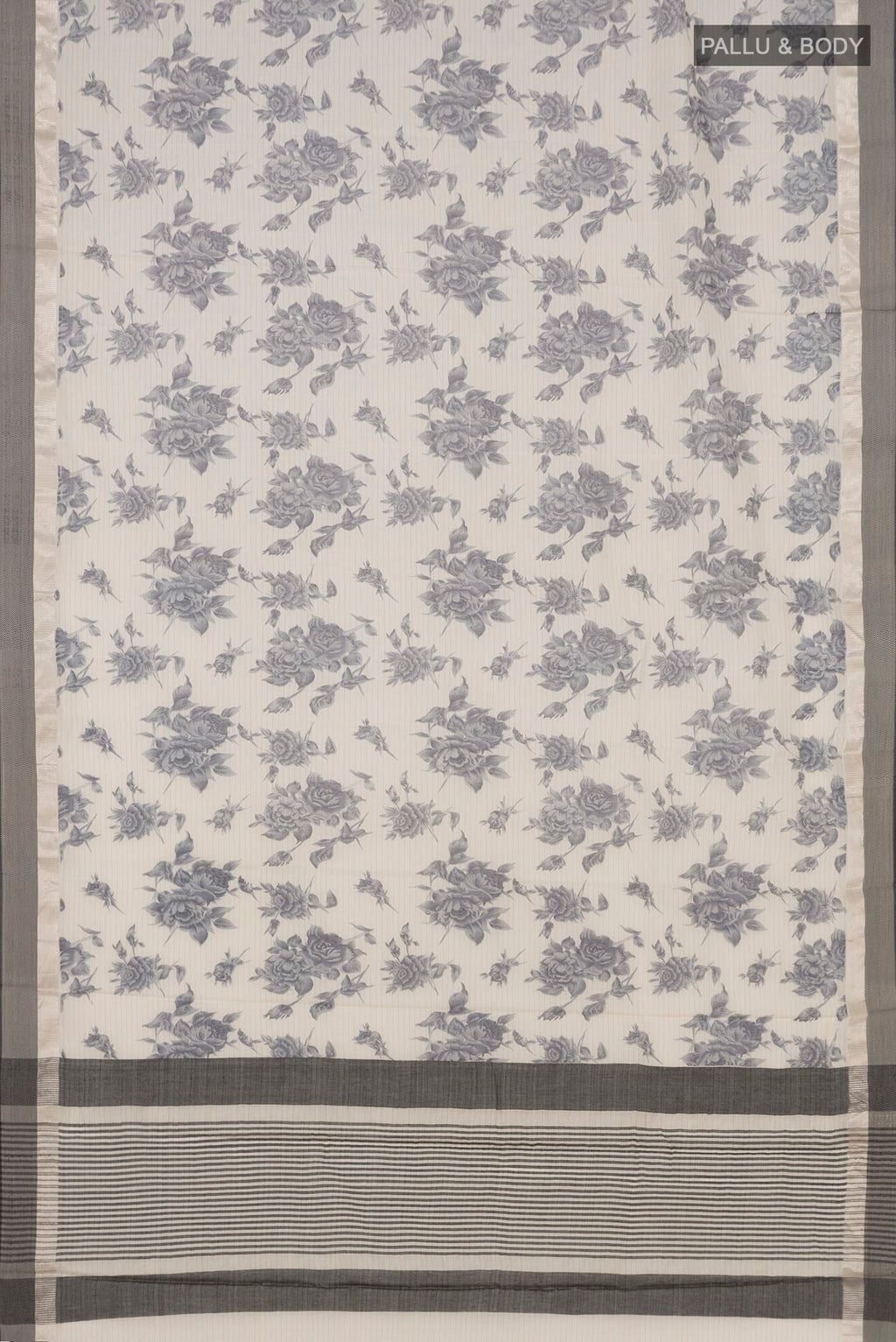 Flat view of Beige Tussar Saree with Floral Print on the body and Zari Border. 