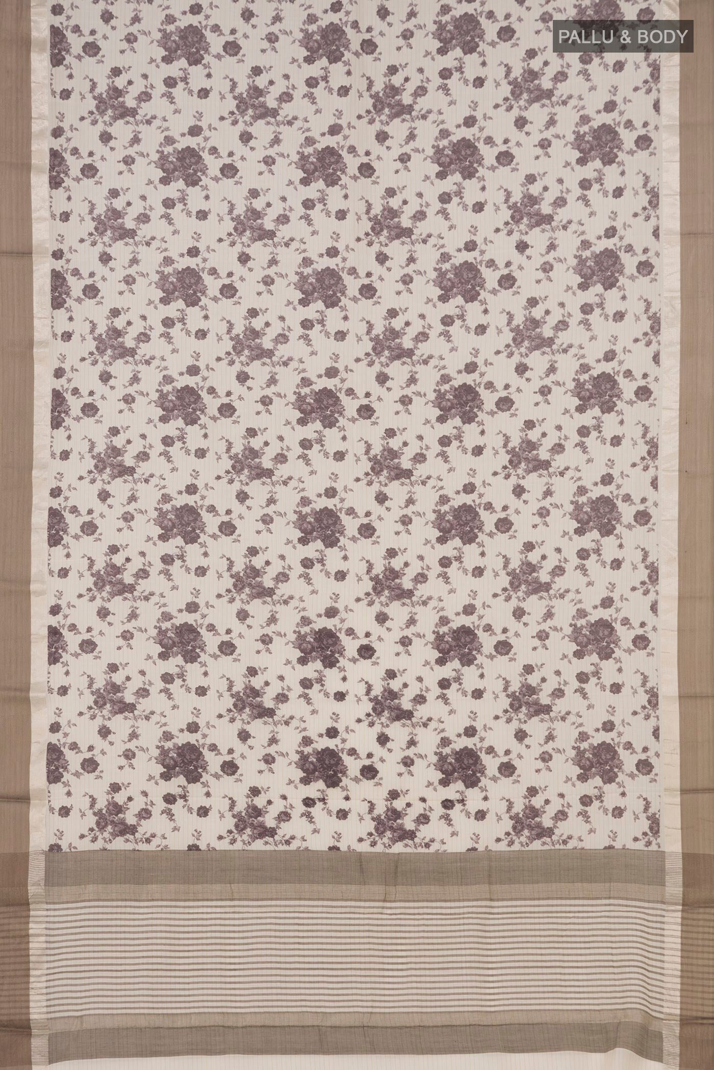 Flat view of Off White Tussar Saree with Floral Print on the body and Zari Border. 