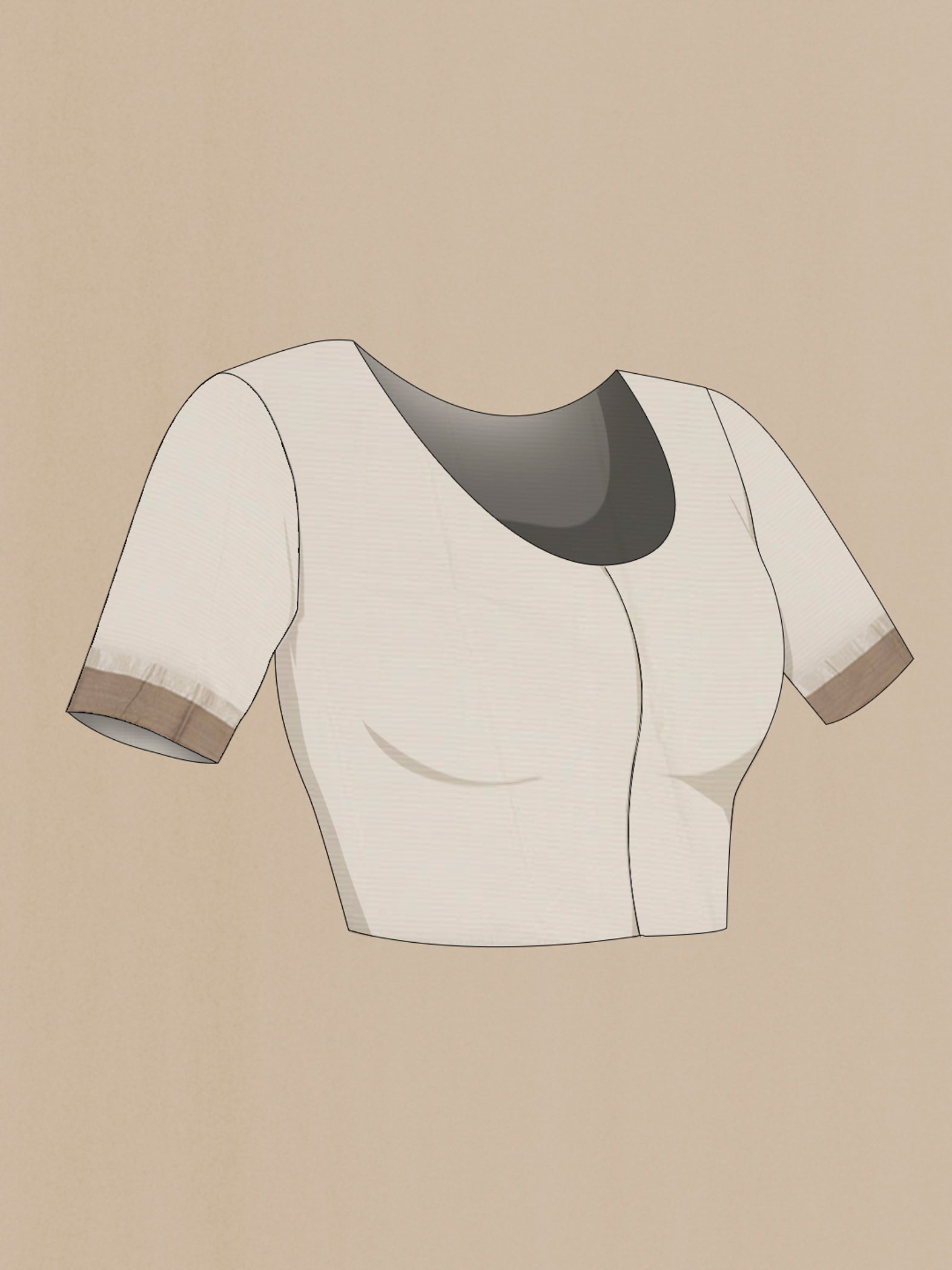 Close up image of the blouse of Beige Tussar Saree with Floral Print on the body and Zari Border. 