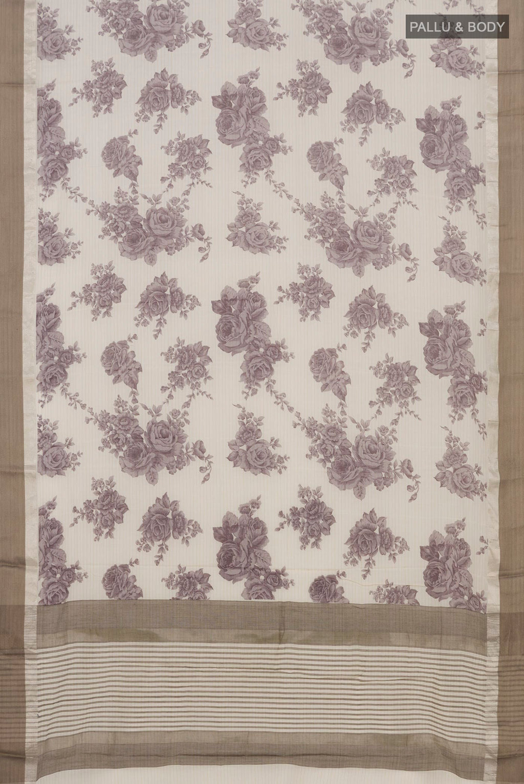 Flat view of Beige Tussar Saree with Floral Print on the body and Zari Border. 