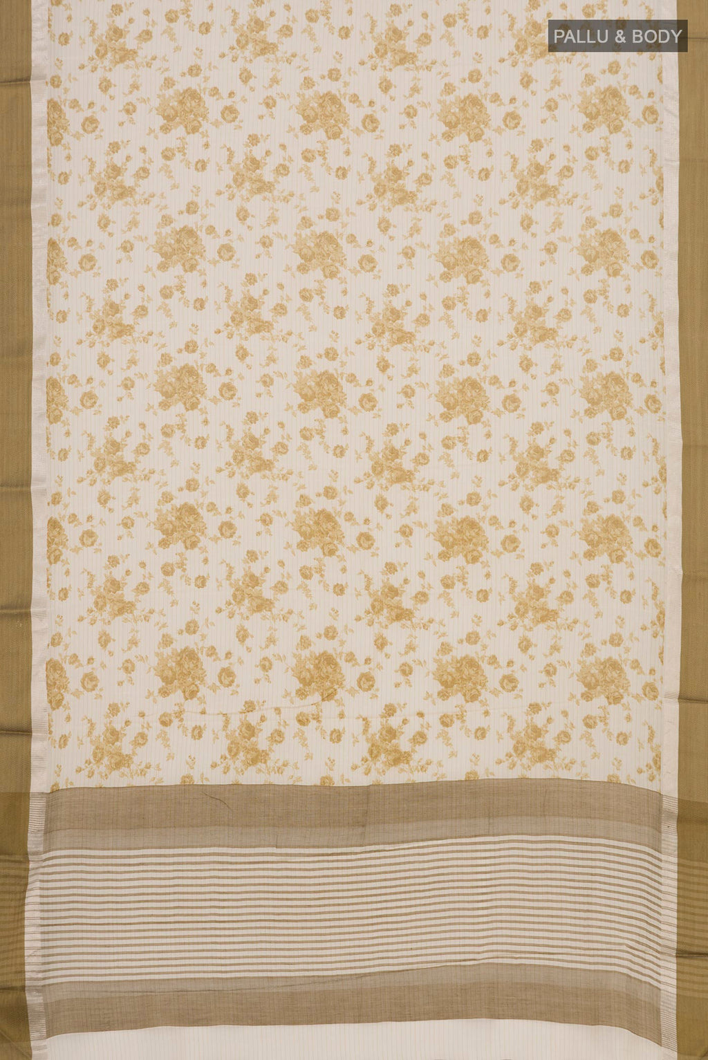Flat view of Off White Tussar Saree with Floral Print on the body and Zari Border. 