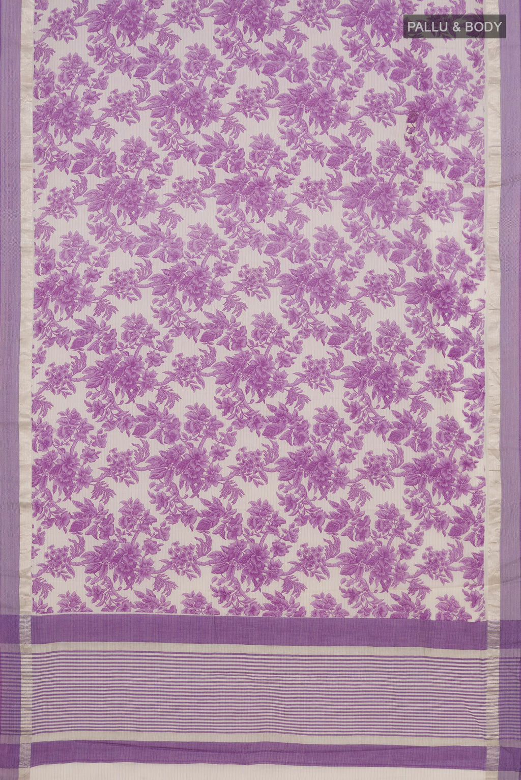 Flat view of Off White Printed Cotton Saree with Printed design on the body and Thread Border. 