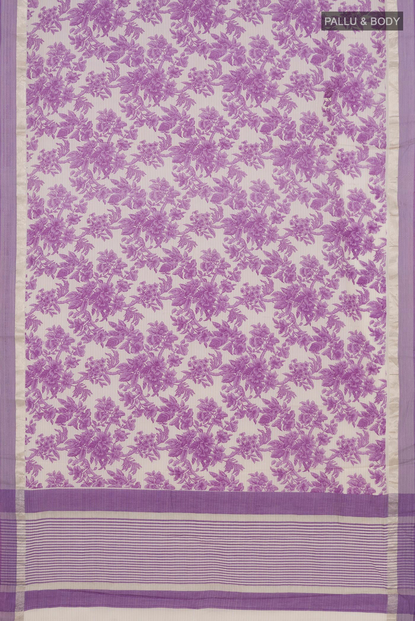 Flat view of Off White Printed Cotton Saree with Printed design on the body and Thread Border. 