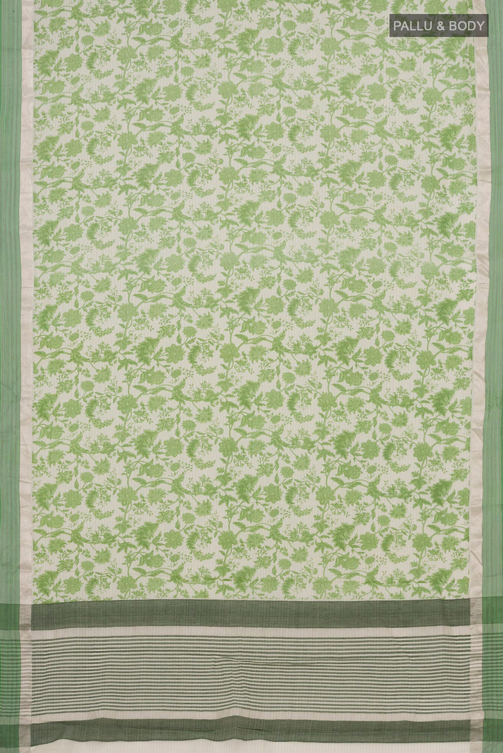 Flat view of Off White Printed Cotton Saree with Printed design on the body and Thread Border. 