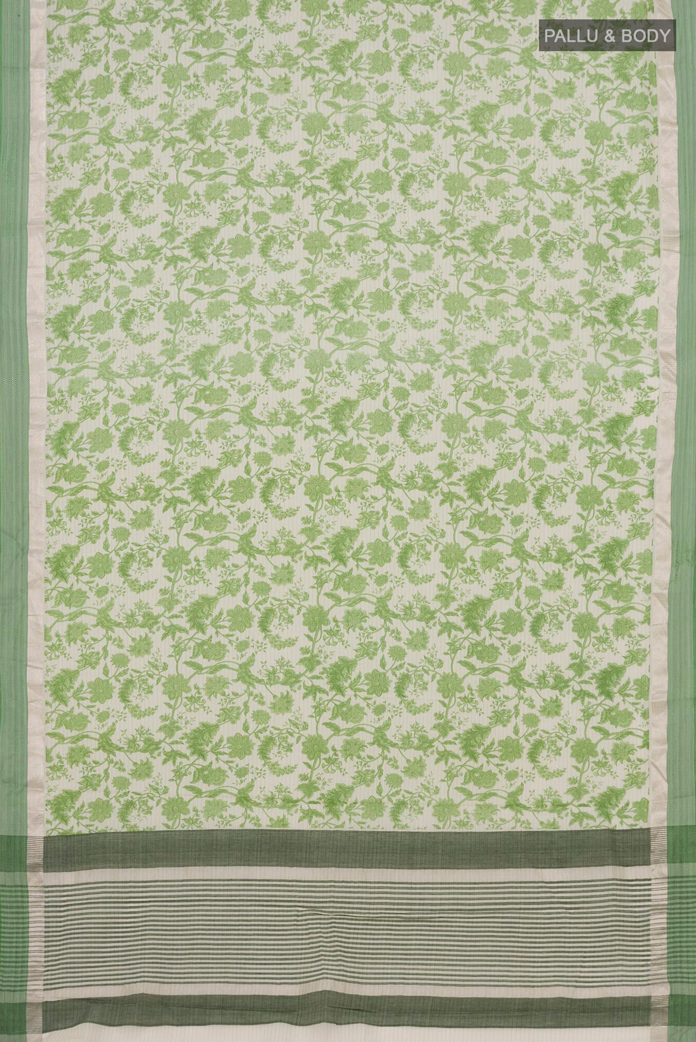 Flat view of Off White Printed Cotton Saree with Printed design on the body and Thread Border. 