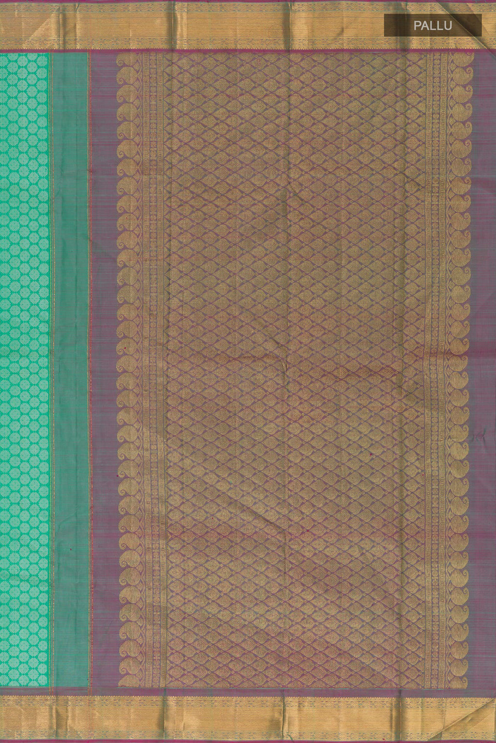 Close up image of the pallu of Pure Silk Pure Zari Sea Green Kanjivaram Saree with Jacquard With Zari Butta on the body and Zari Border. 