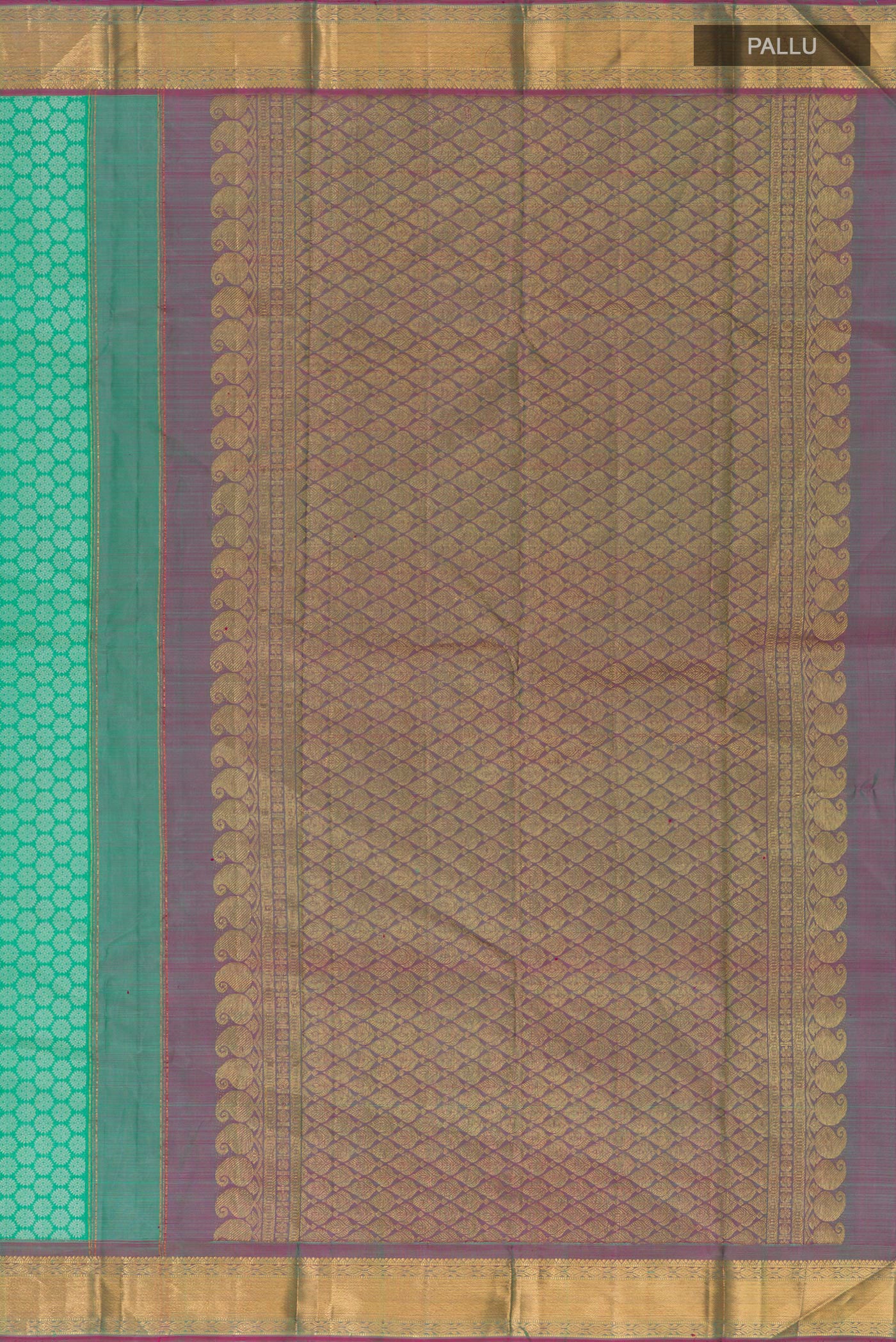 Close up image of the pallu of Pure Silk Pure Zari Sea Green Kanjivaram Saree with Jacquard With Zari Butta on the body and Zari Border. 