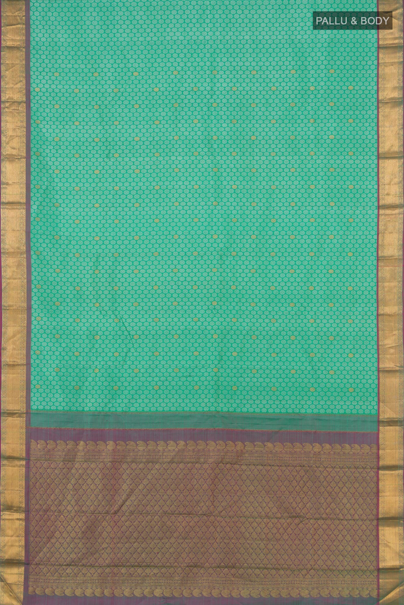 Flat view of Pure Silk Pure Zari Sea Green Kanjivaram Saree with Jacquard With Zari Butta on the body and Zari Border. 
