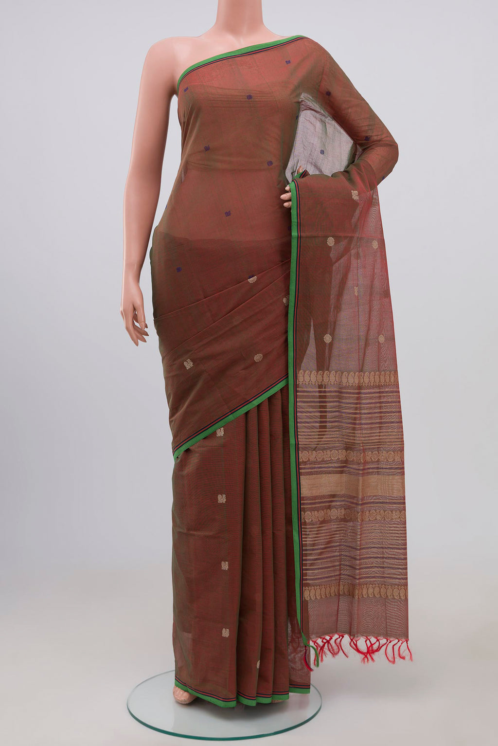 Red with Green Dual Tone Coimbatore Cotton Saree with Thread Butta on the body and Plain Border.  displayed on a mannequin