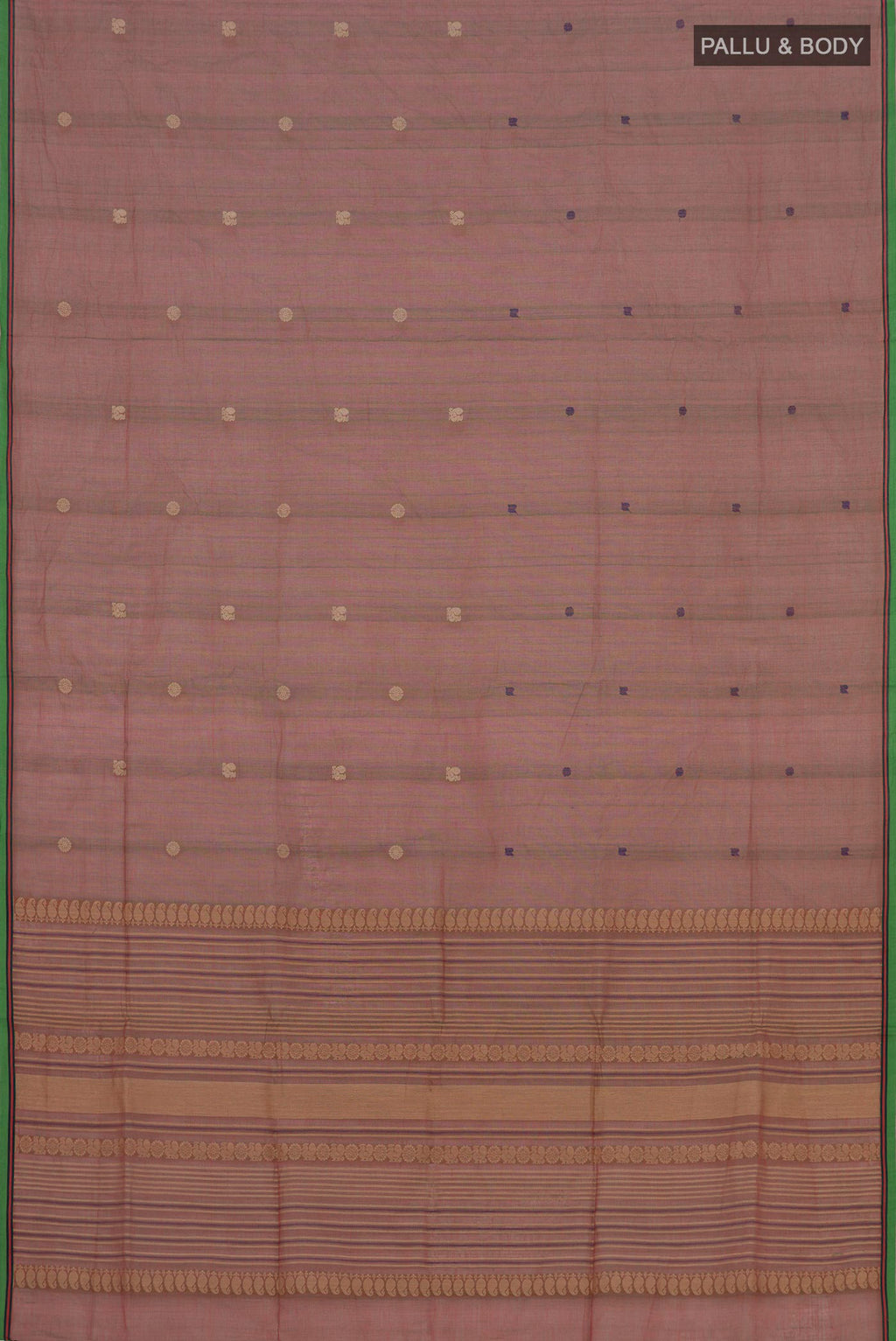 Flat view of Red with Green Dual Tone Coimbatore Cotton Saree with Thread Butta on the body and Plain Border. 