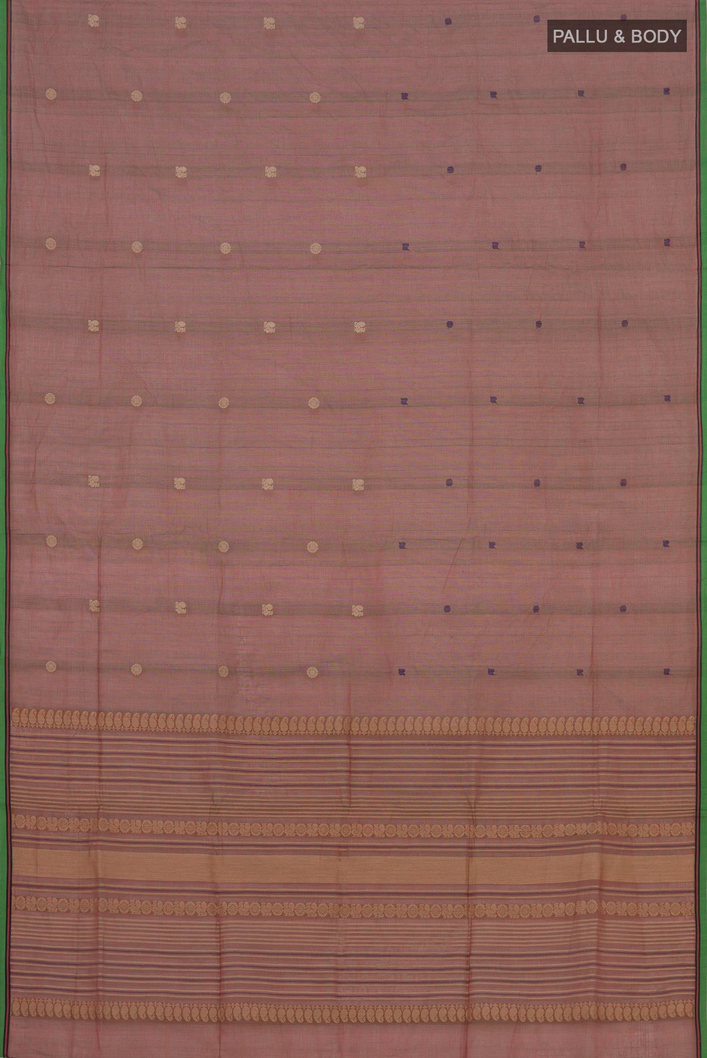 Flat view of Red with Green Dual Tone Coimbatore Cotton Saree with Thread Butta on the body and Plain Border. 