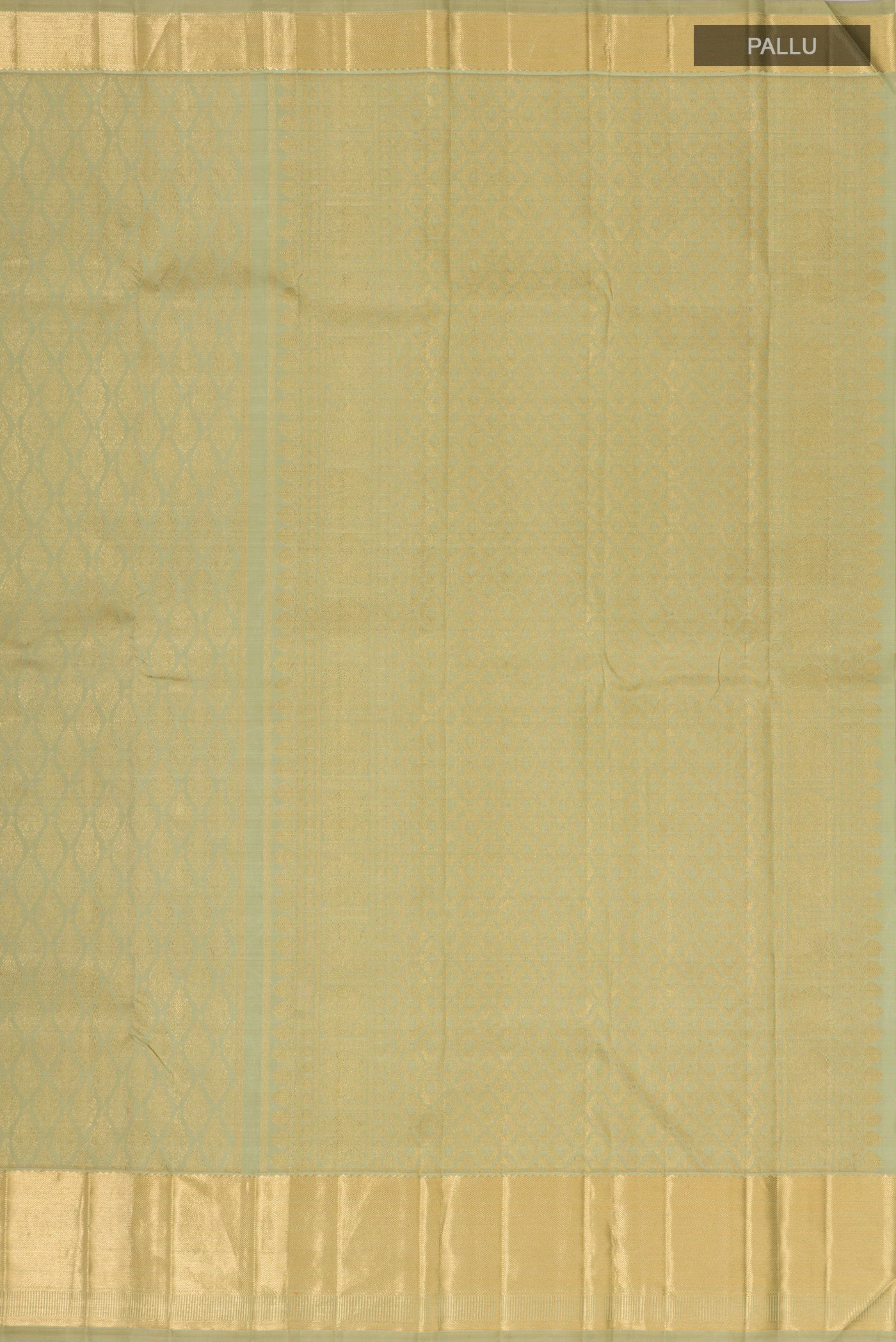 Close up image of the pallu of Pure Silk Pure Zari Pista Green Kanjivaram Saree with Zari Brocade on the body and Zari Border. 