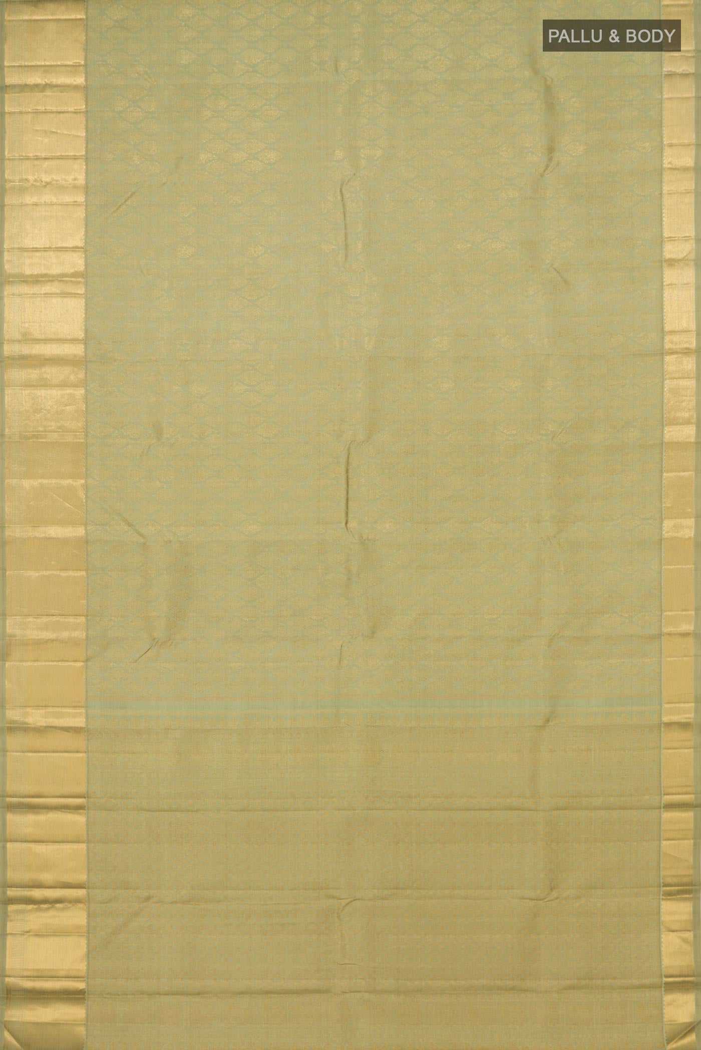 Flat view of Pure Silk Pure Zari Pista Green Kanjivaram Saree with Zari Brocade on the body and Zari Border. 