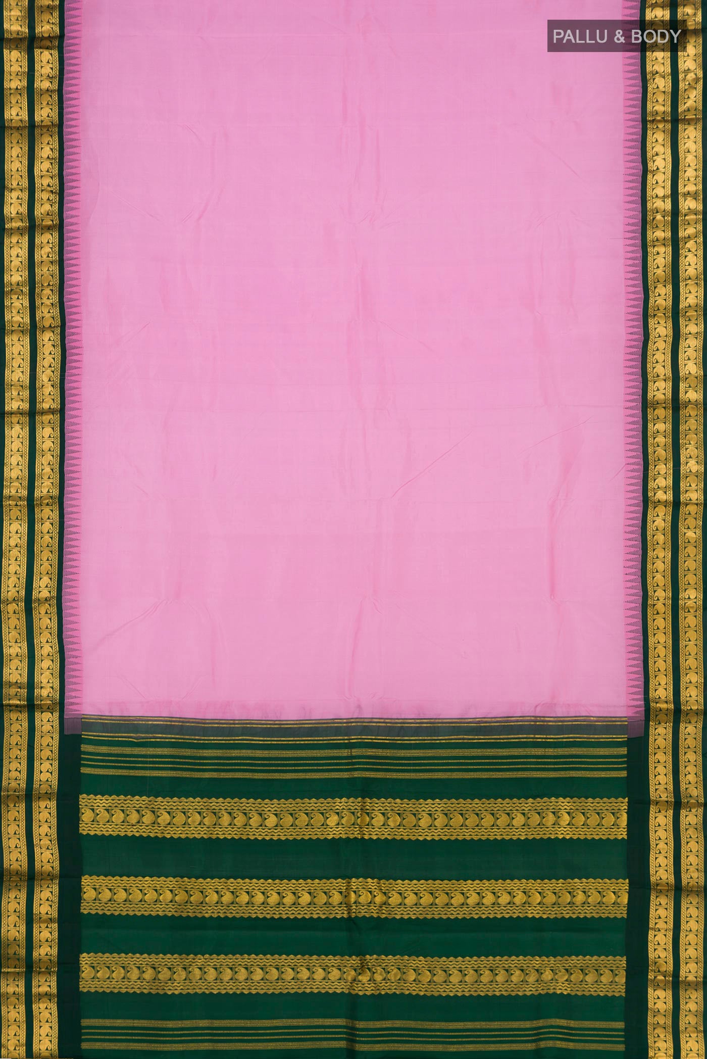 Flat view of Pink Kanjivaram Silk Saree with Plain Body and Zari Border. 