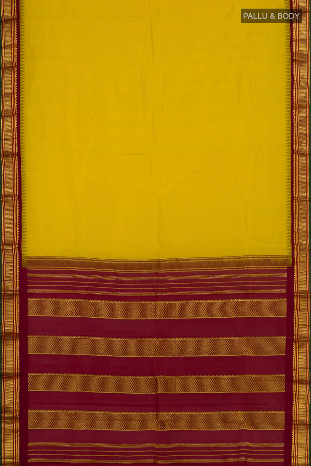 Flat view of Lemon Yellow Kanjivaram Silk Saree with Plain Body and Zari Border. 