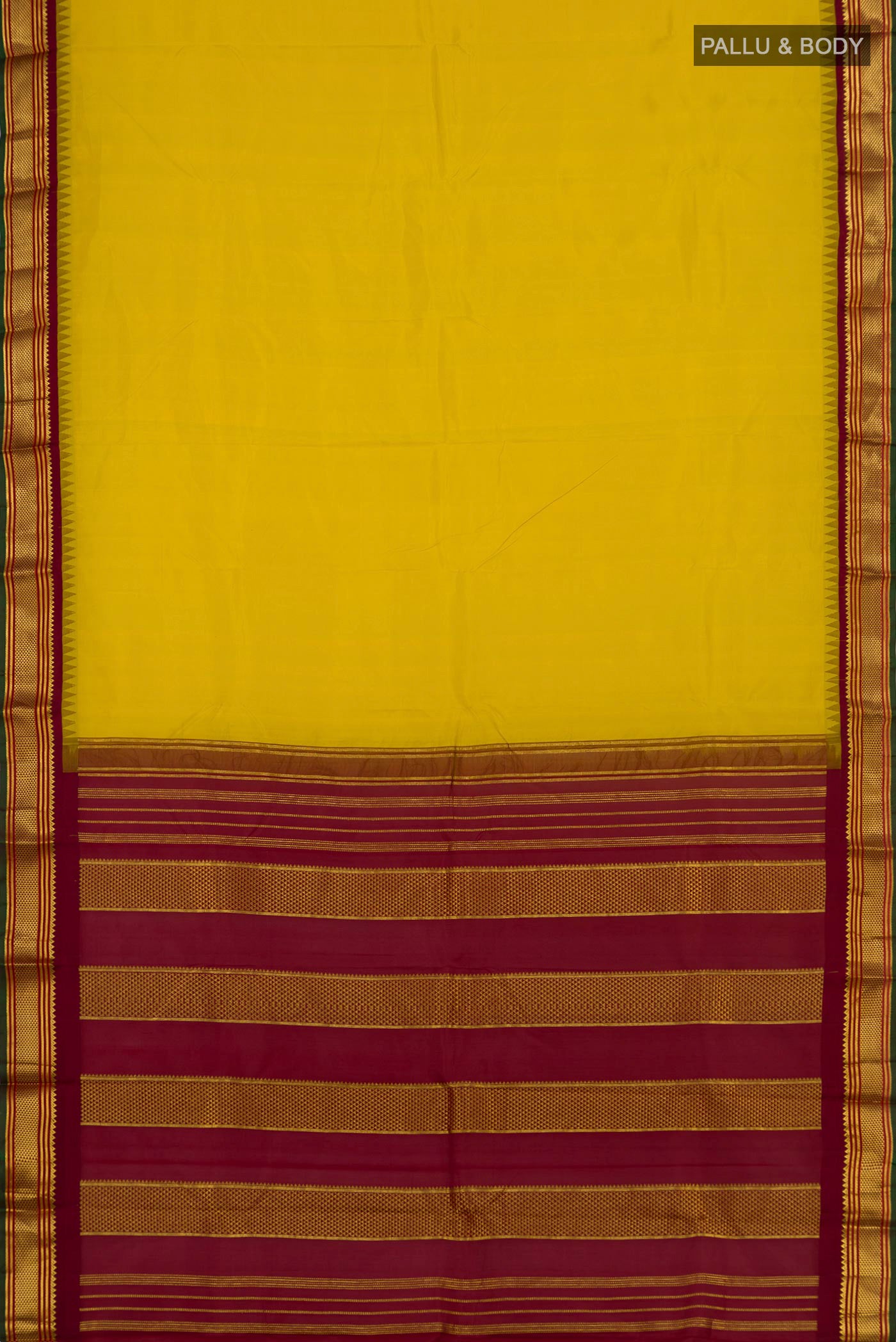 Flat view of Lemon Yellow Kanjivaram Silk Saree with Plain Body and Zari Border. 
