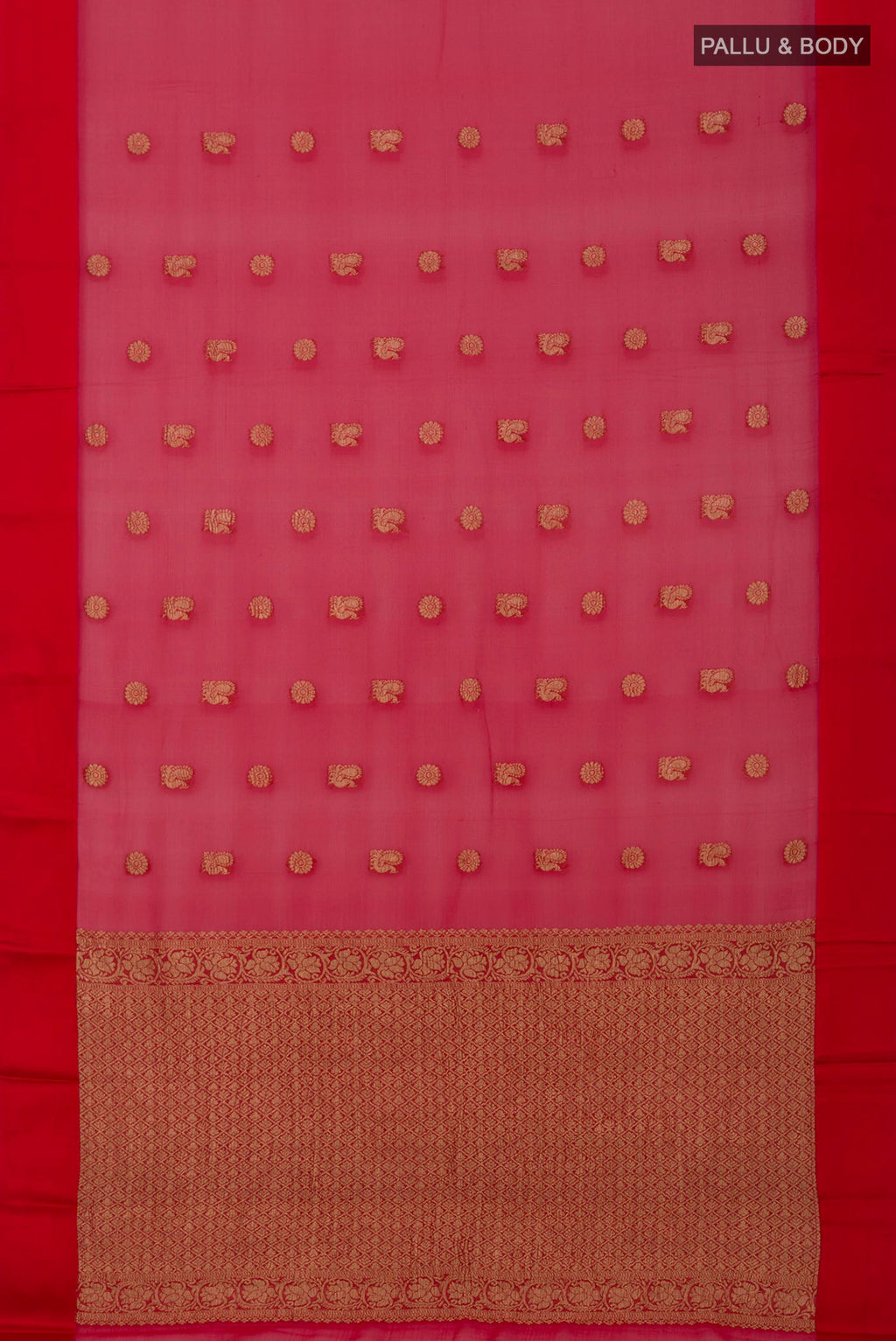 Flat view of Red Chiffon Saree with Zari Butta on the body and Plain Border. 