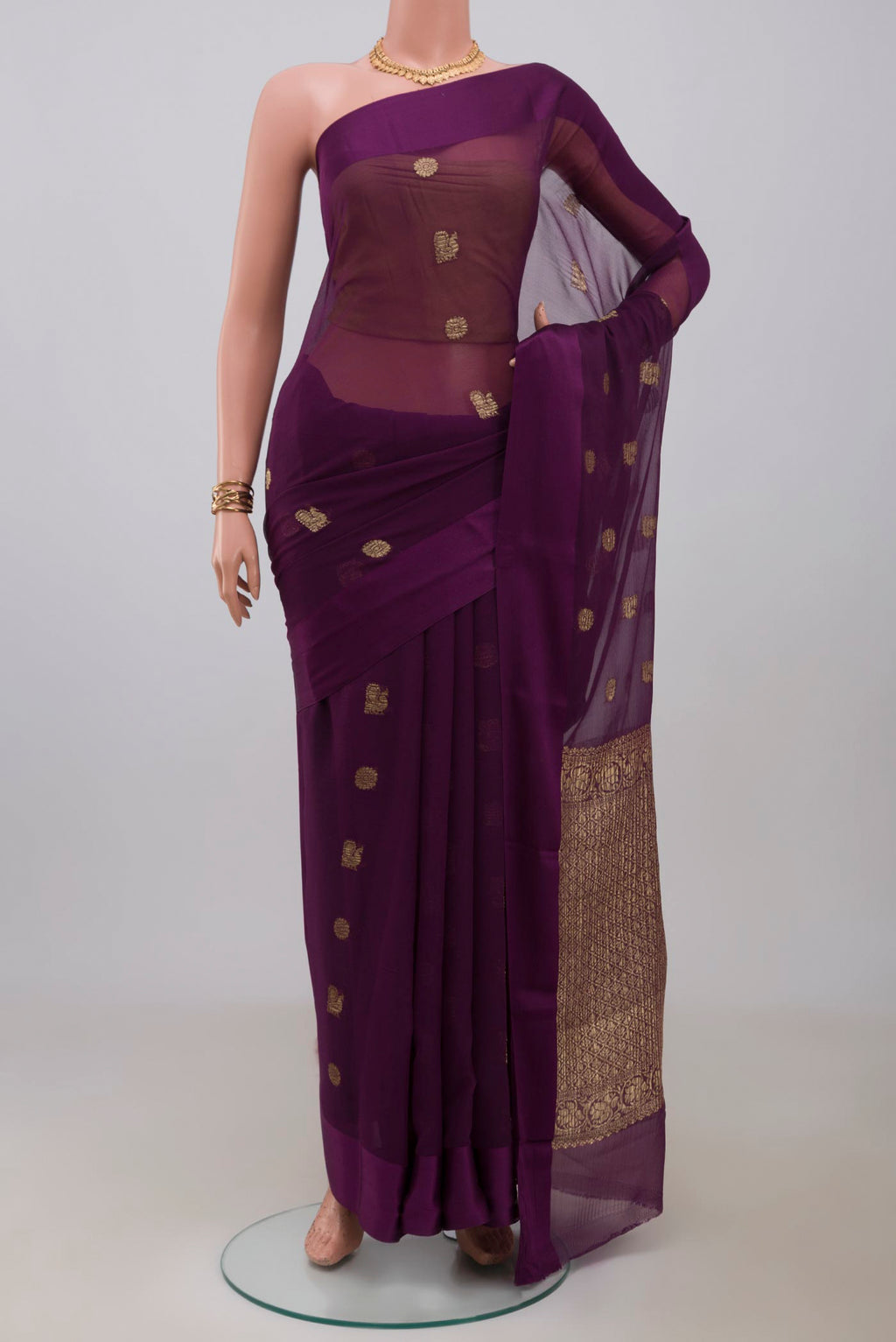 Purple Mysore Chiffon Saree with Zari Butta on the body and Plain Border.  displayed on a mannequin