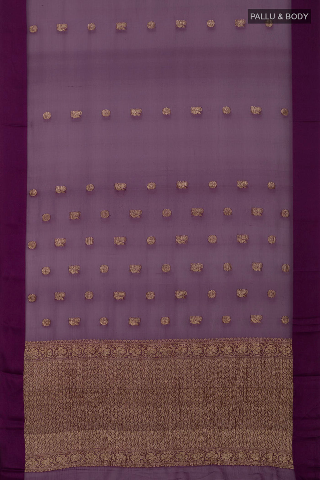 Flat view of Purple Mysore Chiffon Saree with Zari Butta on the body and Plain Border. 
