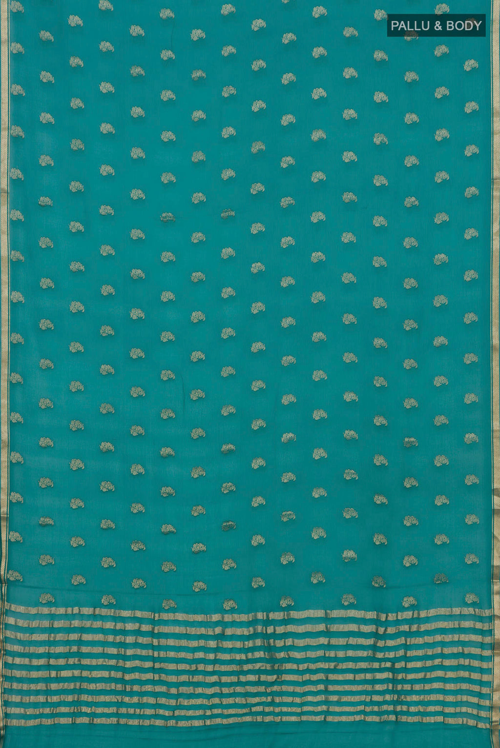 Flat view of Green Chiffon Saree with Zari Butta on the body and Zari Border. 