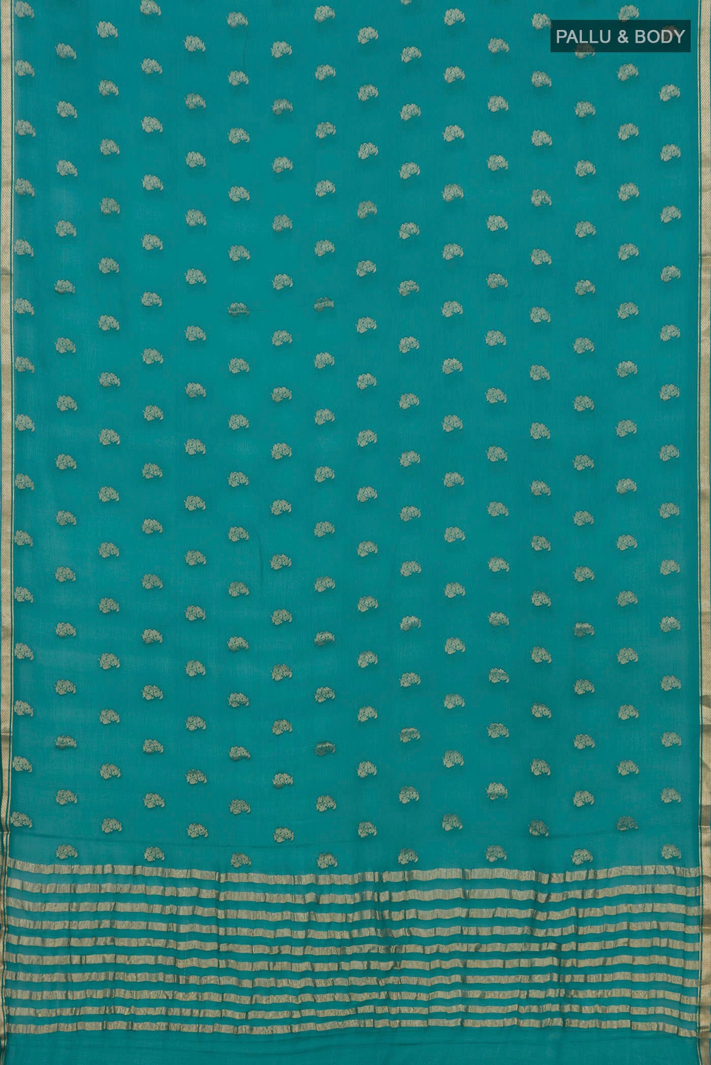 Flat view of Green Chiffon Saree with Zari Butta on the body and Zari Border. 