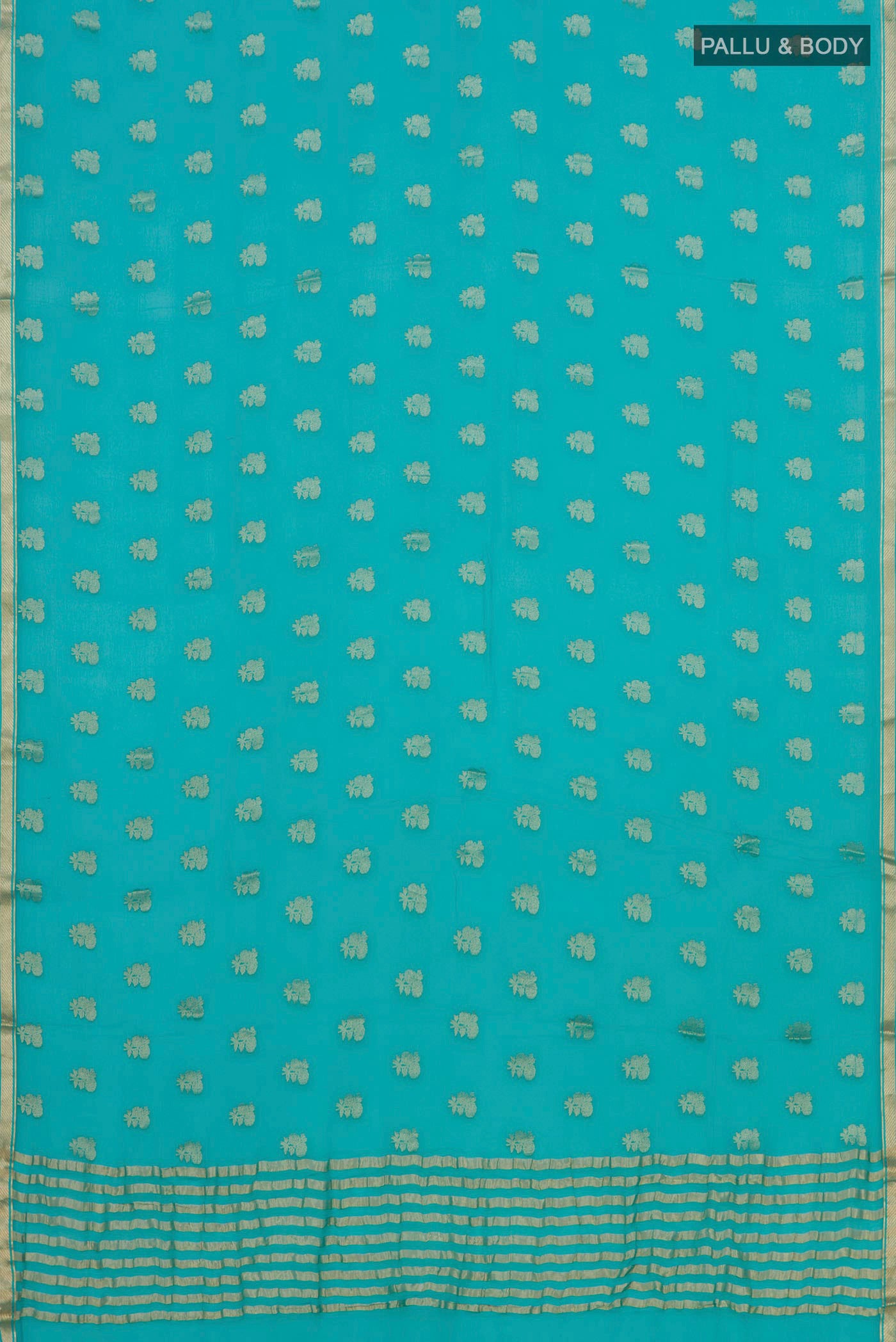 Flat view of Sky Blue Chiffon Saree with Zari Butta on the body and Zari Border. 