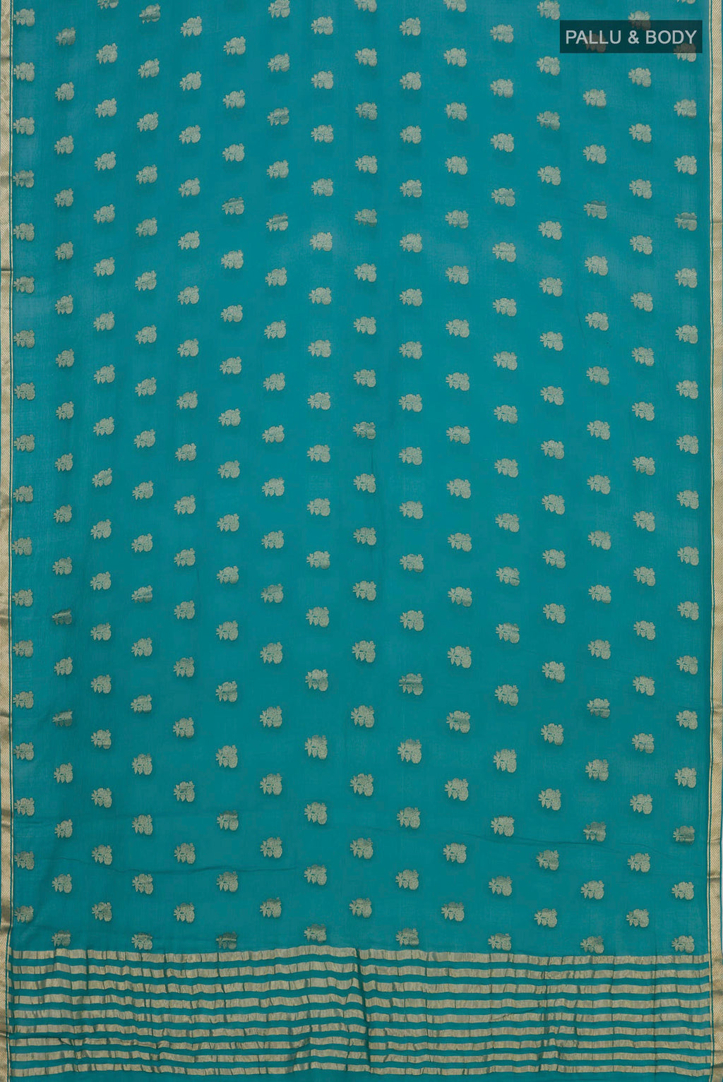 Flat view of Maya Blue Chiffon Saree with Zari Butta on the body and Zari Border. 