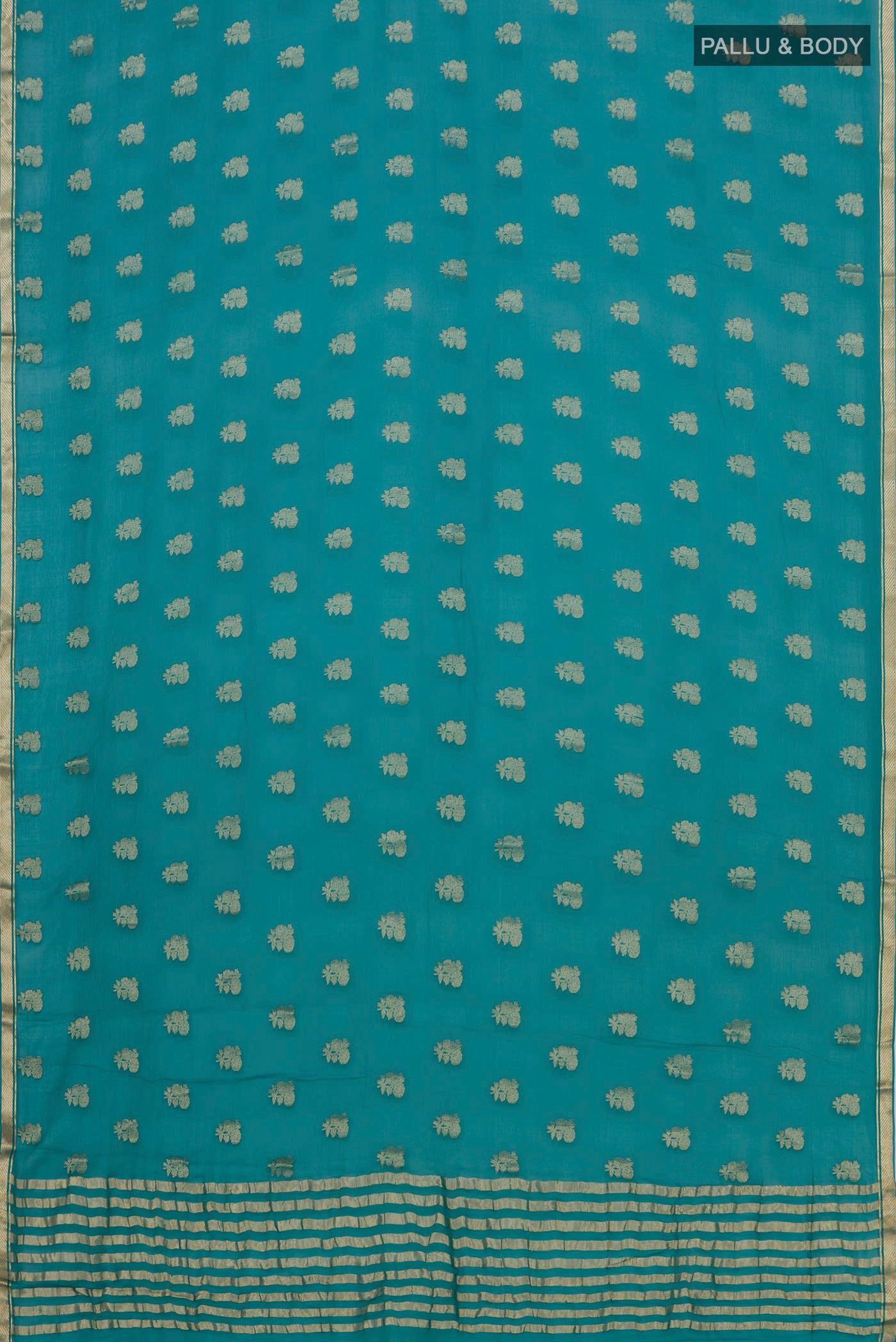 Flat view of Maya Blue Chiffon Saree with Zari Butta on the body and Zari Border. 