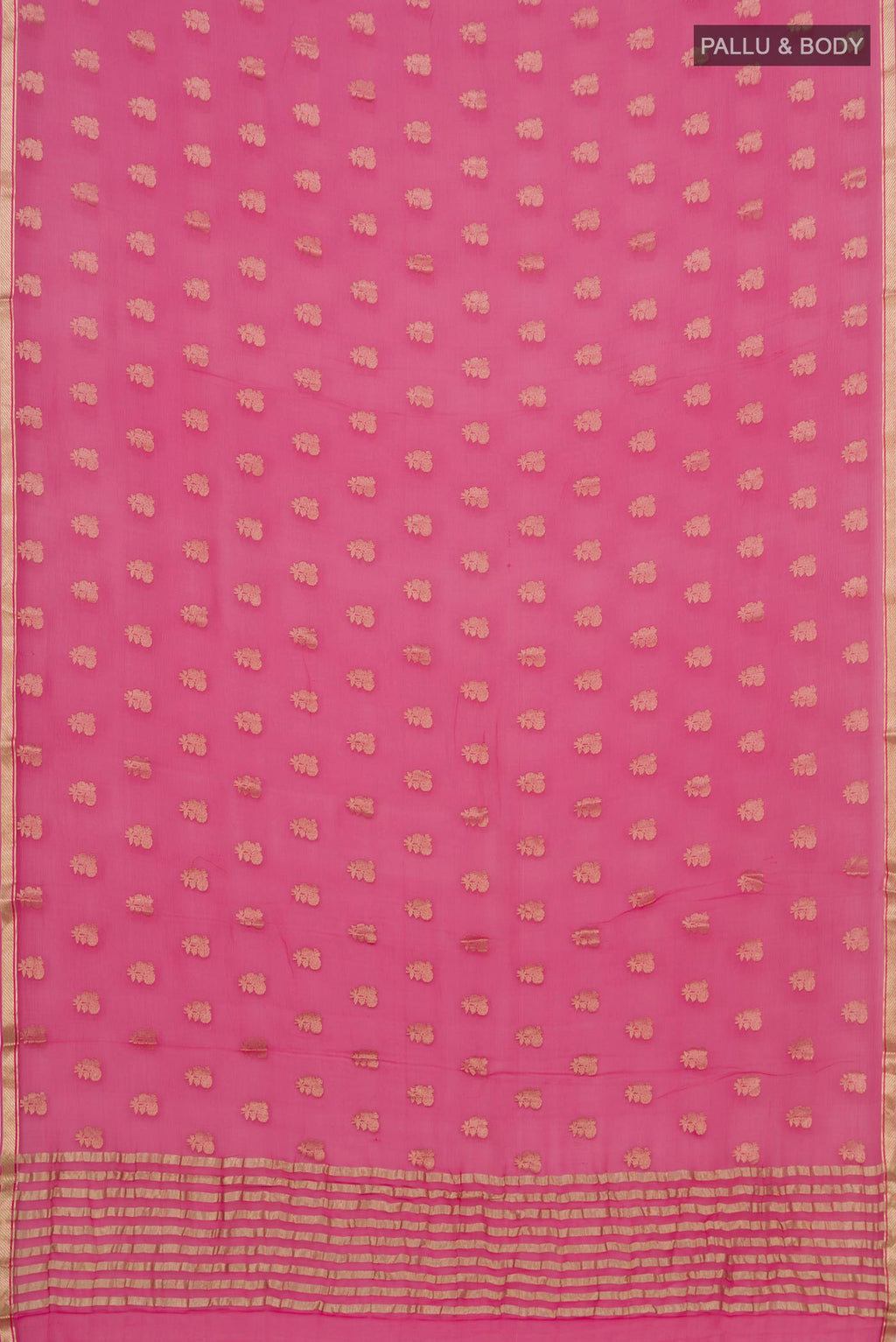 Flat view of Pink Chiffon Saree with Zari Butta on the body and Zari Border. 