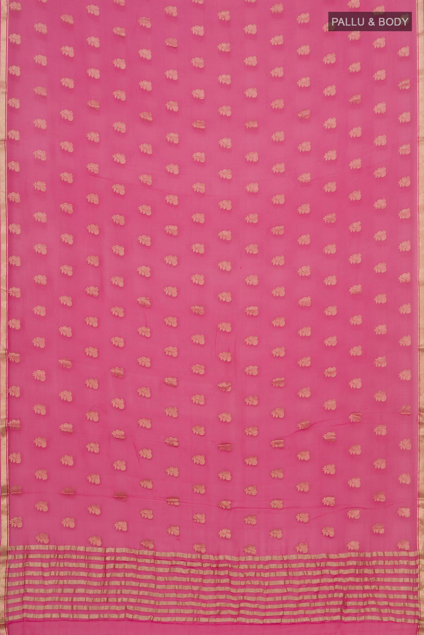 Flat view of Pink Chiffon Saree with Zari Butta on the body and Zari Border. 