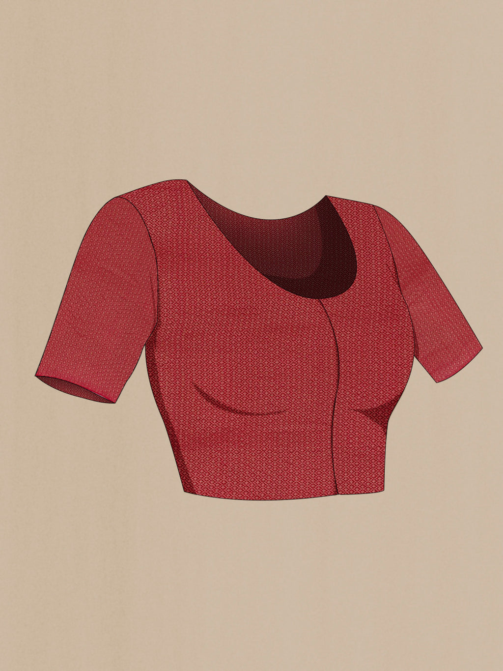Close up image of the blouse of Red Chiffon Saree with Plain Body and Thin Zari Line. 
