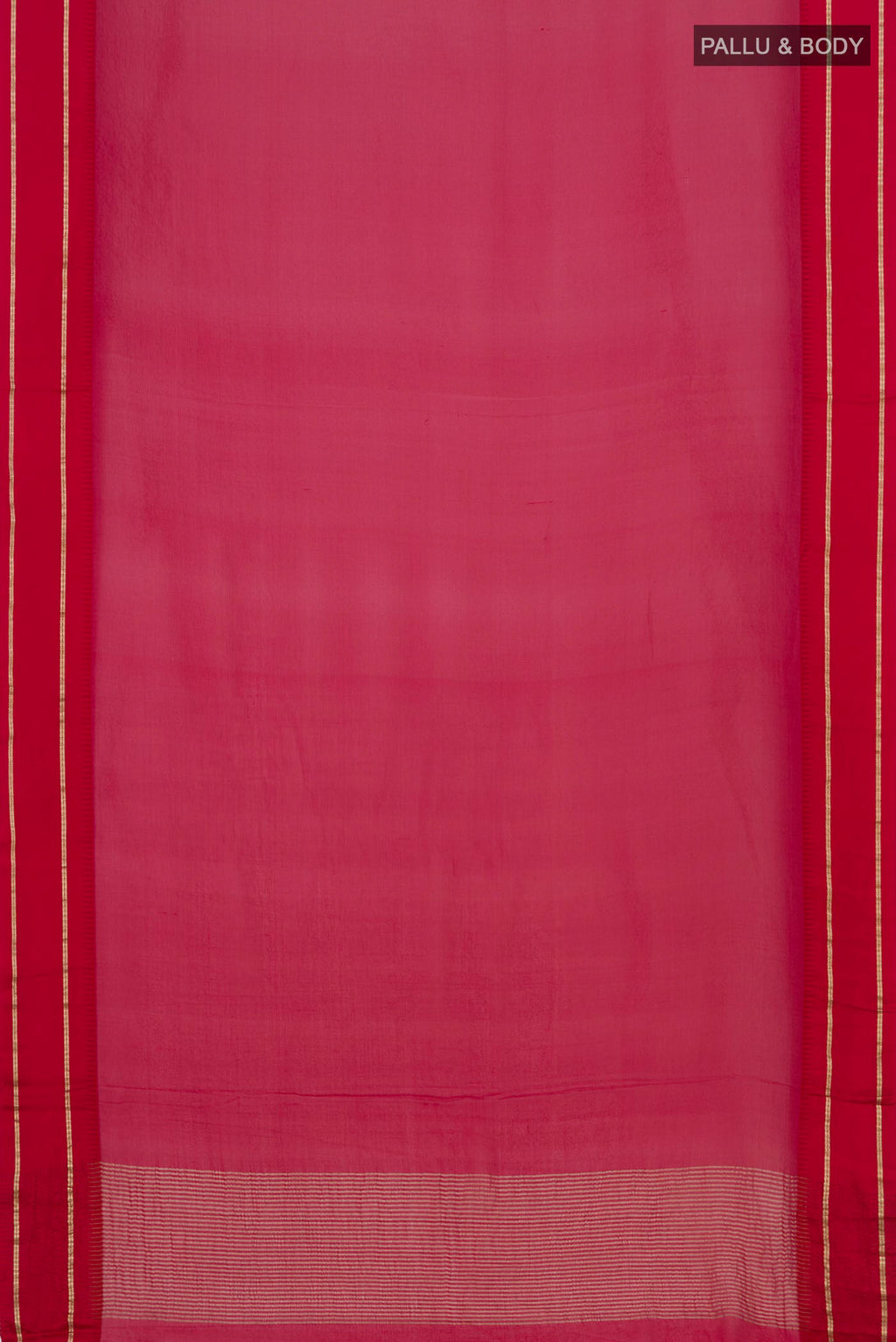 Flat view of Red Chiffon Saree with Plain Body and Thin Zari Line. 