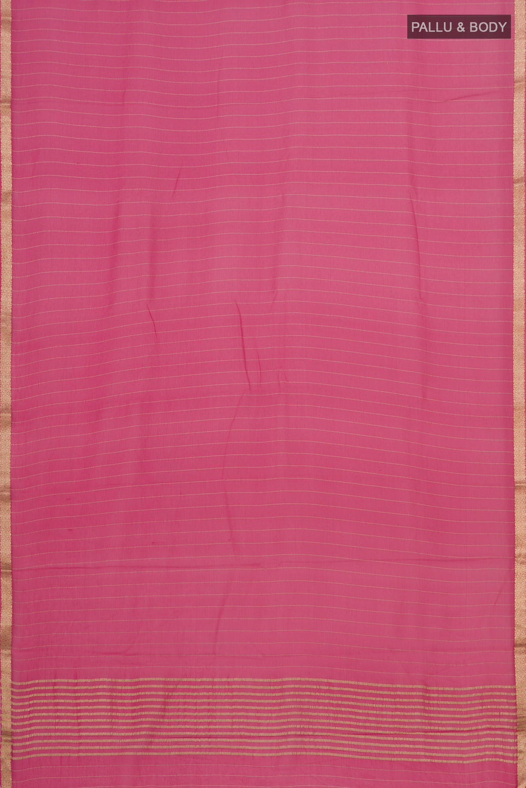Flat view of Pink Chiffon Saree with Stripes on the body and Zari Border. 