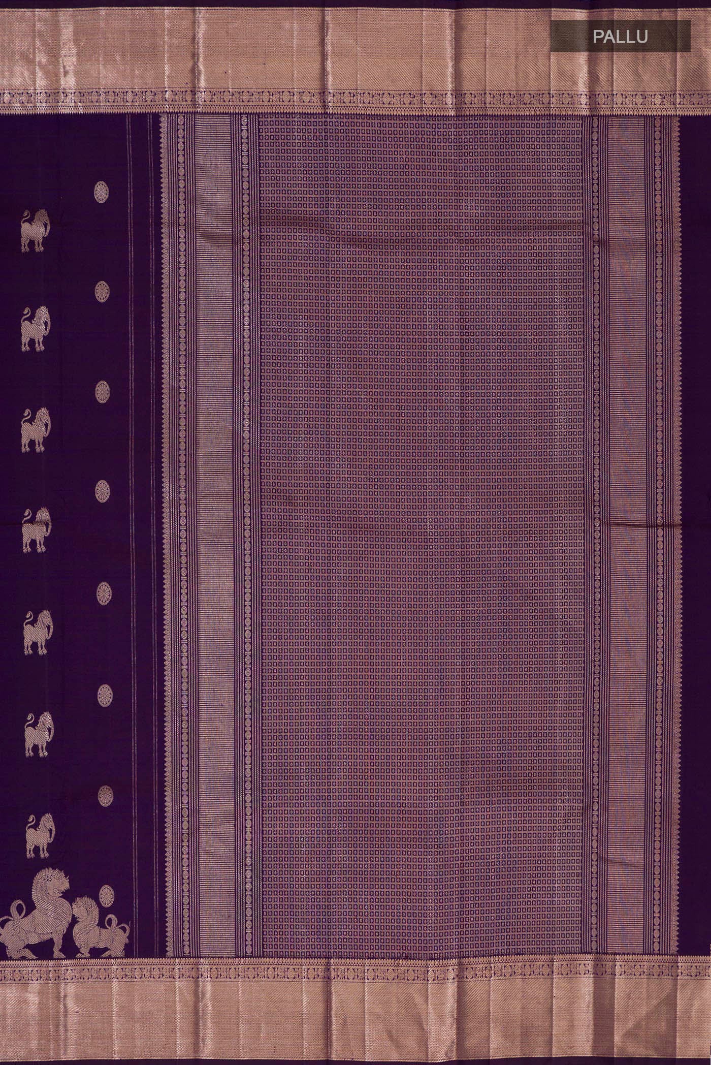 Close up image of the pallu of Purple Kanchipuram Silk Saree with Zari Butta on the body and Zari Border. 