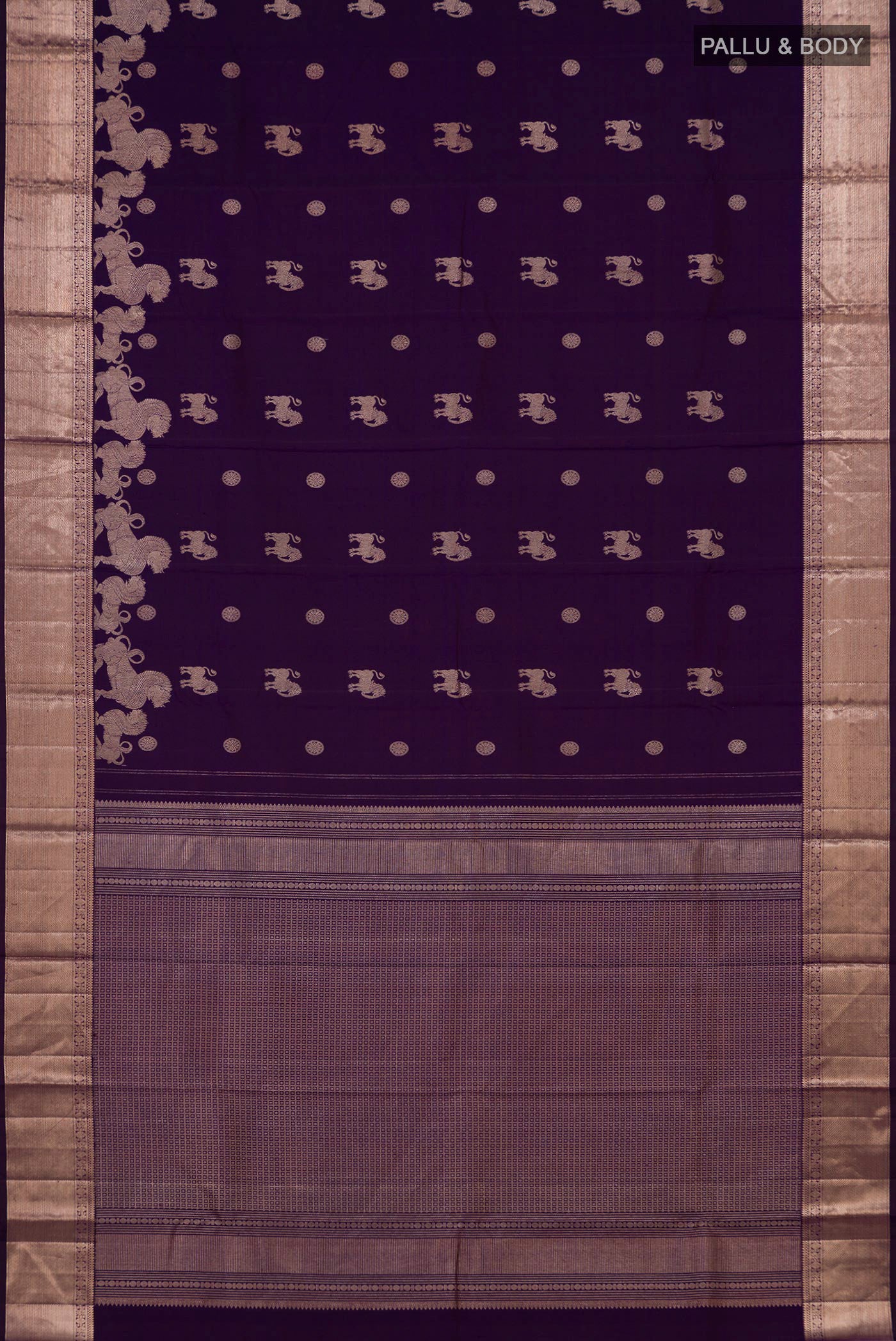 Flat view of Purple Kanchipuram Silk Saree with Zari Butta on the body and Zari Border. 