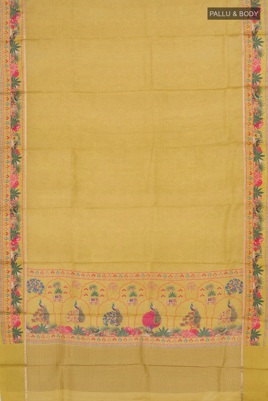 Flat view of Yellow Tussar Silk Saree with Fancy on the body and Fancy Border. 