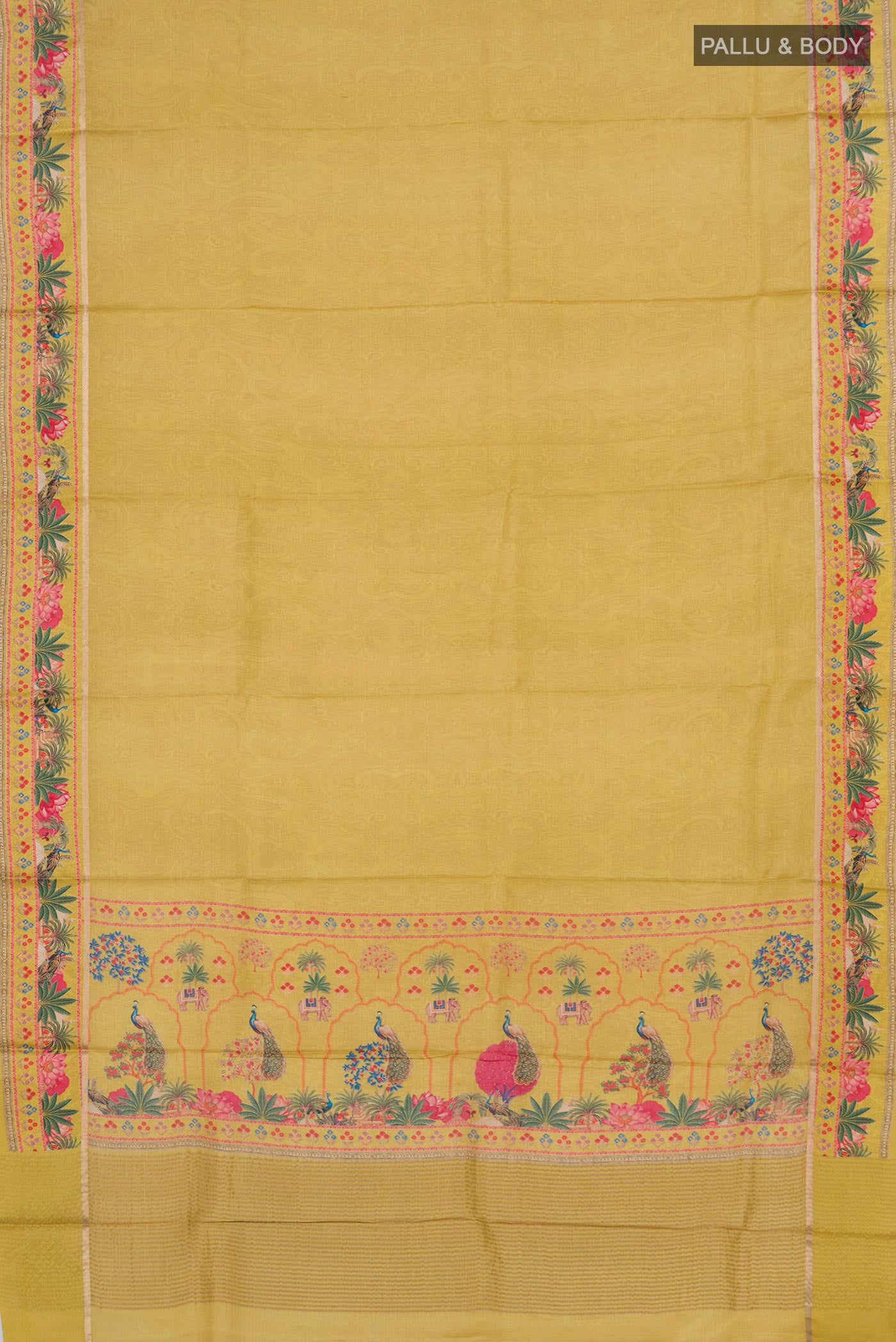 Flat view of Yellow Tussar Silk Saree with Fancy on the body and Fancy Border. 