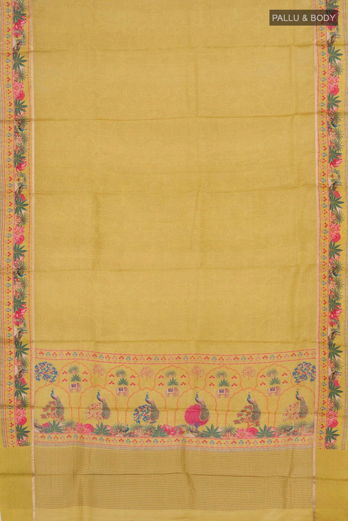 Flat view of Yellow Tussar Silk Saree with Fancy on the body and Fancy Border. 