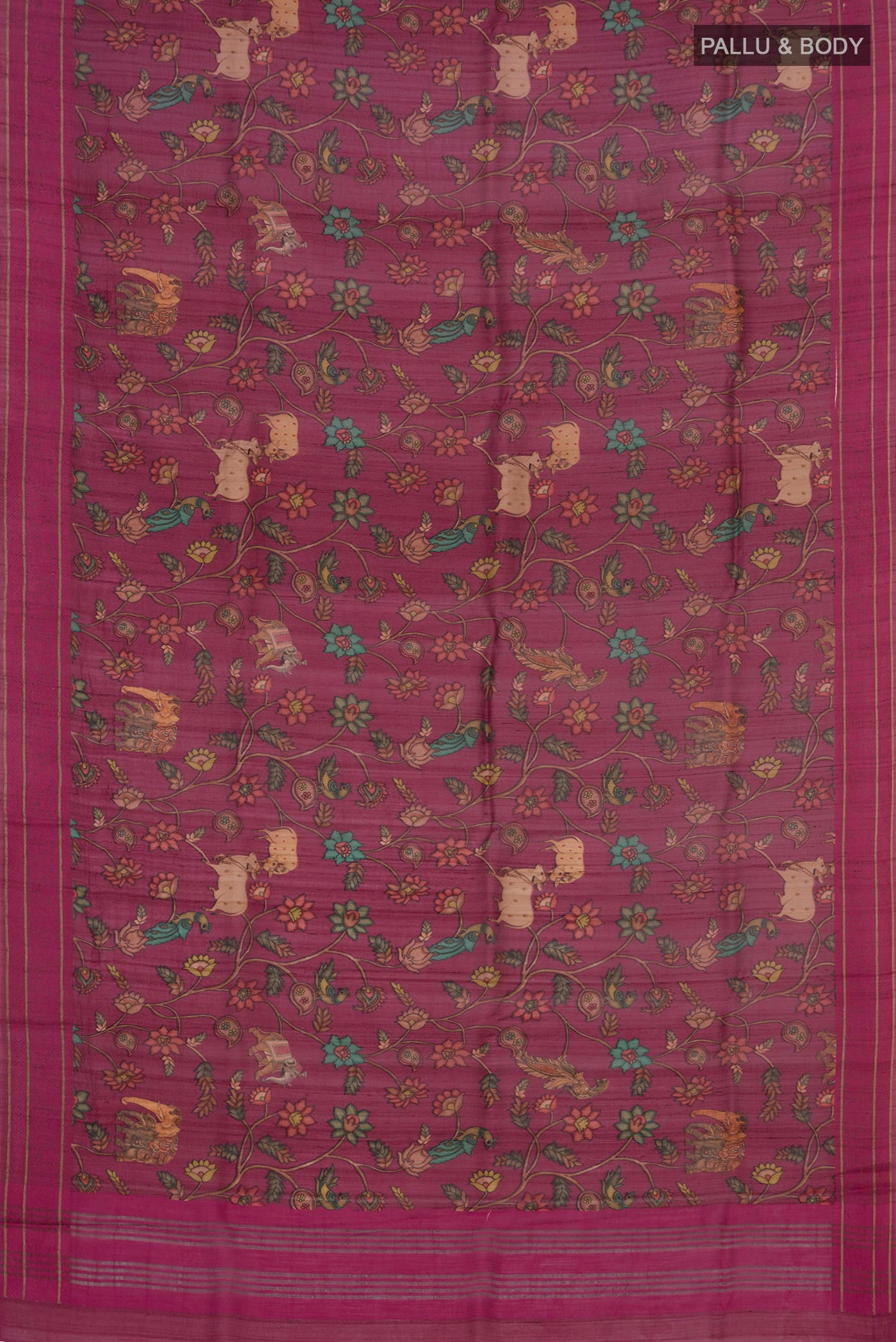 Flat view of Purple Tussar Silk Saree with Floral Print on the body and Thin Zari Line. 