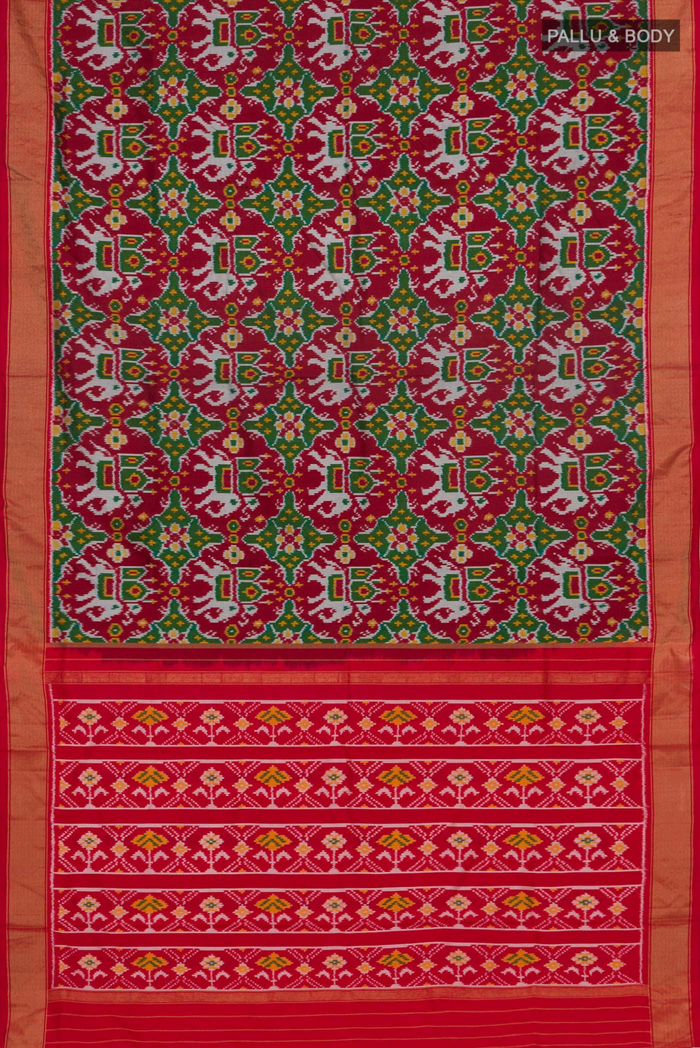 Flat view of Maroon Pochampally Silk Saree with Ikat Print on the body and Zari Border. 