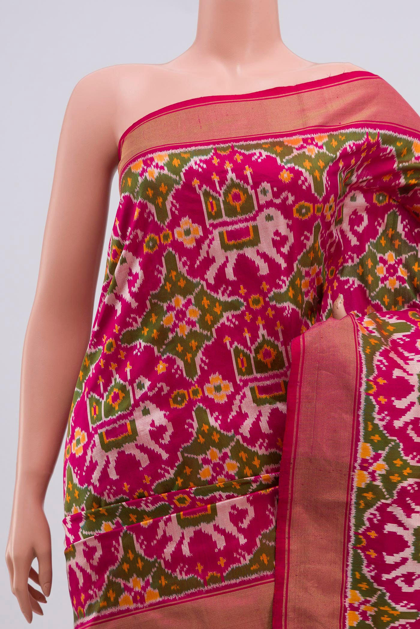 Border image of Pink Pochampally Silk Saree with Ikat Print on the body and Zari Border. 