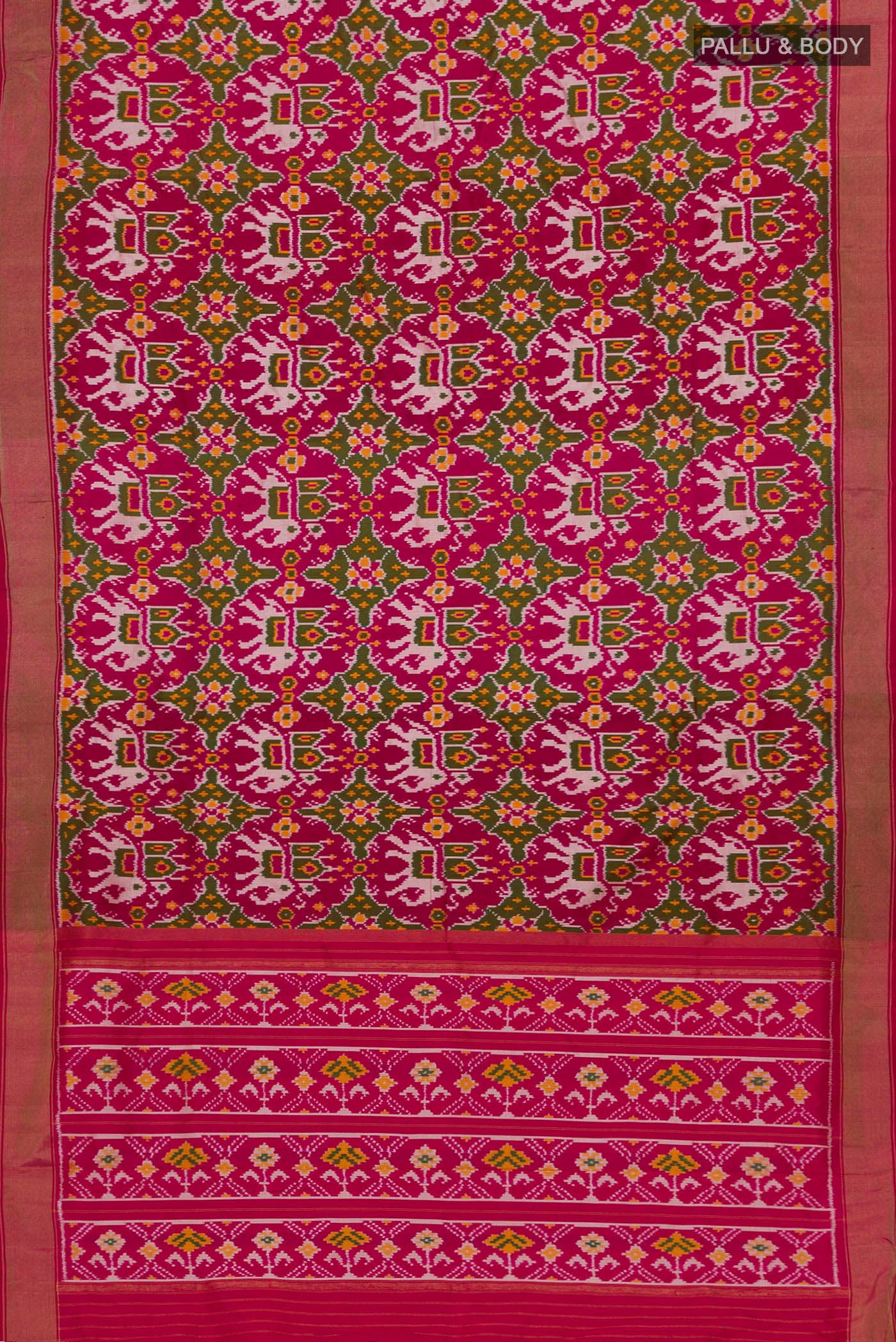 Flat view of Pink Pochampally Silk Saree with Ikat Print on the body and Zari Border. 